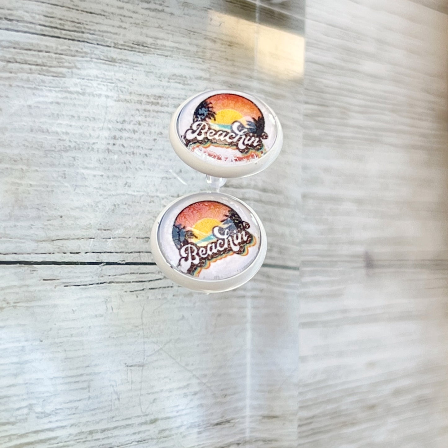 Beachin’ Sunset Stud Earrings – Retro Tropical Summer Jewelry with White Trim