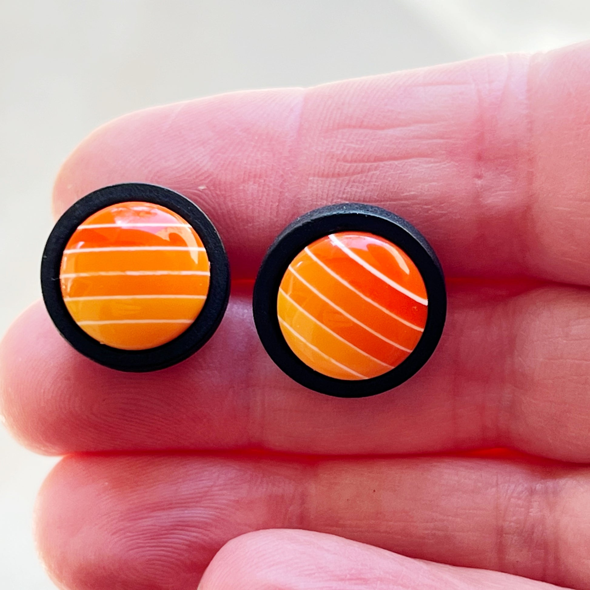 Orange Gradient Striped Black Wood Unisex Earrings - Stylish & Unique Accessories