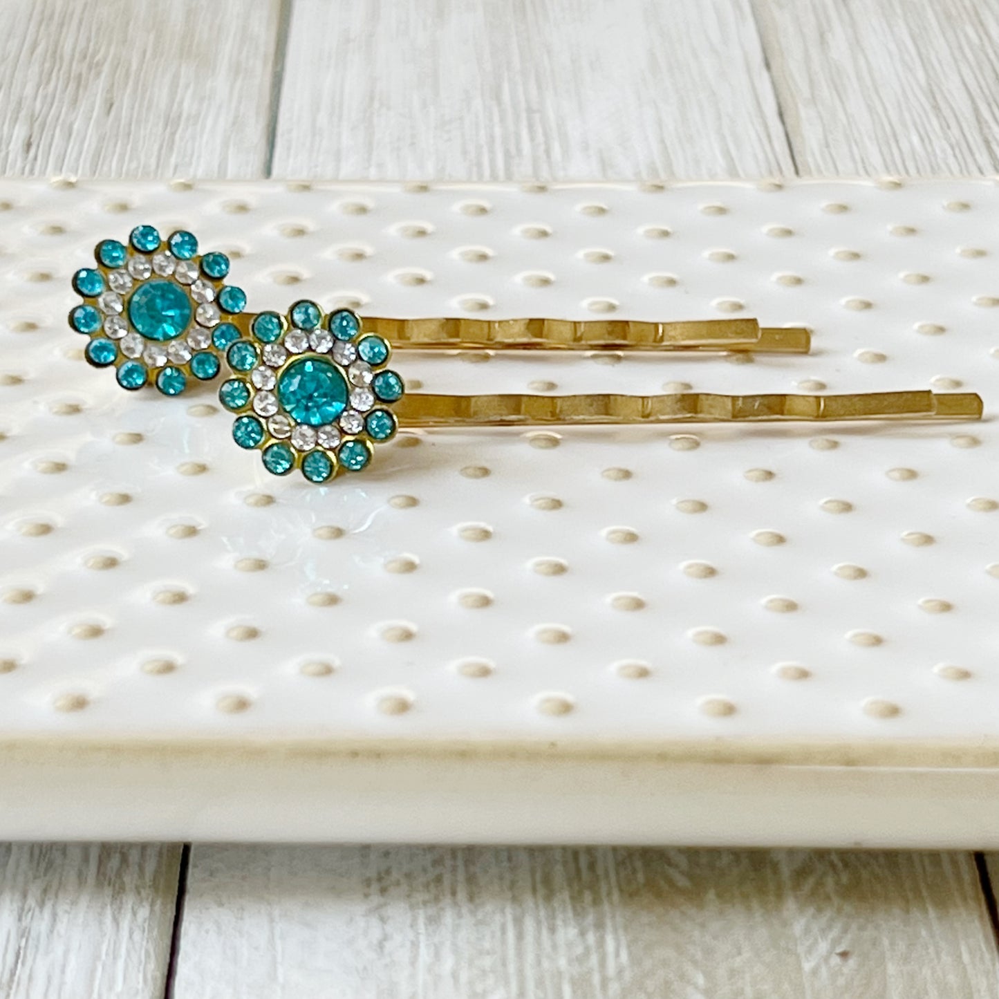 Blue Rhinestone Flower Hair Pins - Elegant and Sparkling Floral Hair Accessories