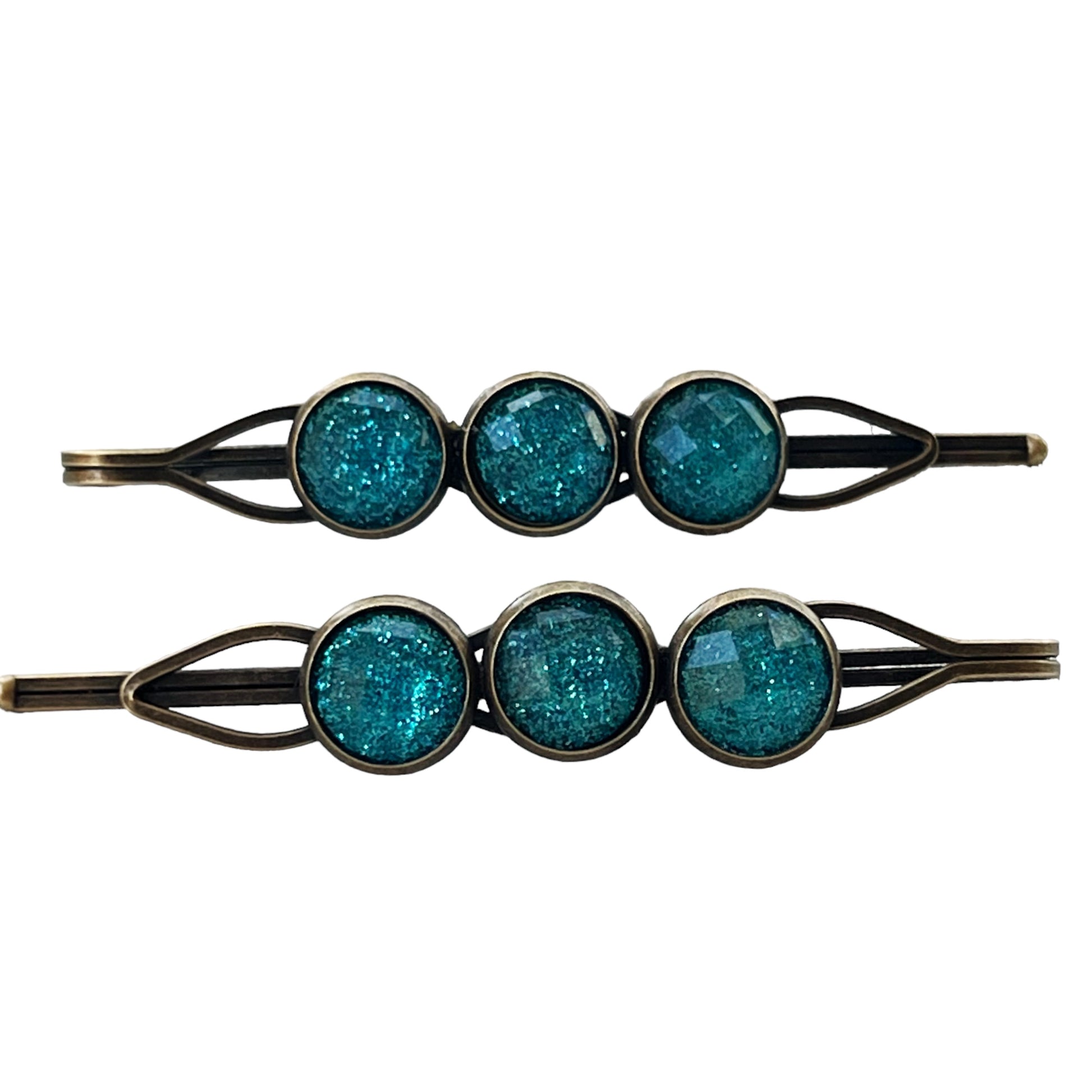 Teal Shimmer Hair Pins – Glittery Acrylic Boho Hair Clips in Antique Bronze