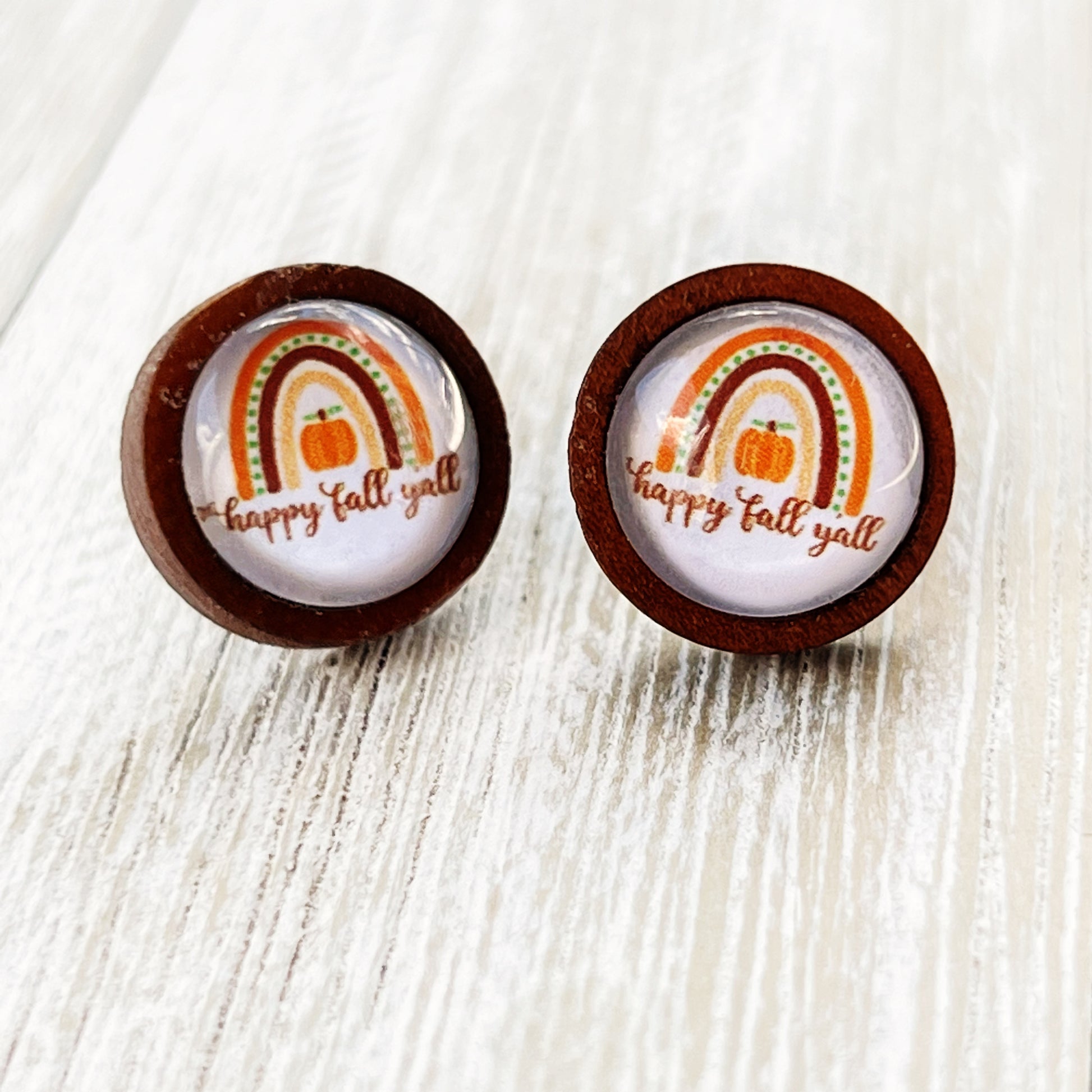 Boho Rainbow Happy Fall Y’all Wood Stud Earrings - Festive Autumn Accessories