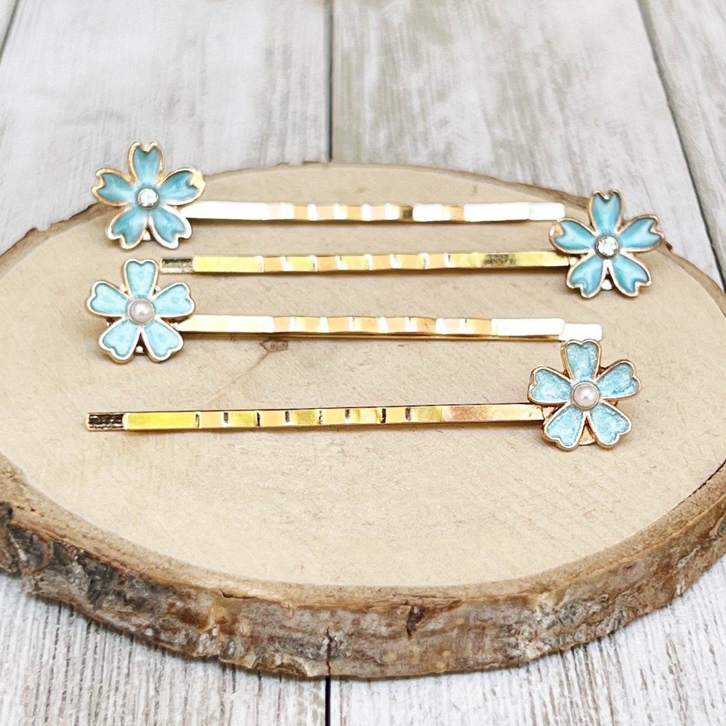 Blue Flower Hair Pins – Set of 4 Elegant Pearl Accessories