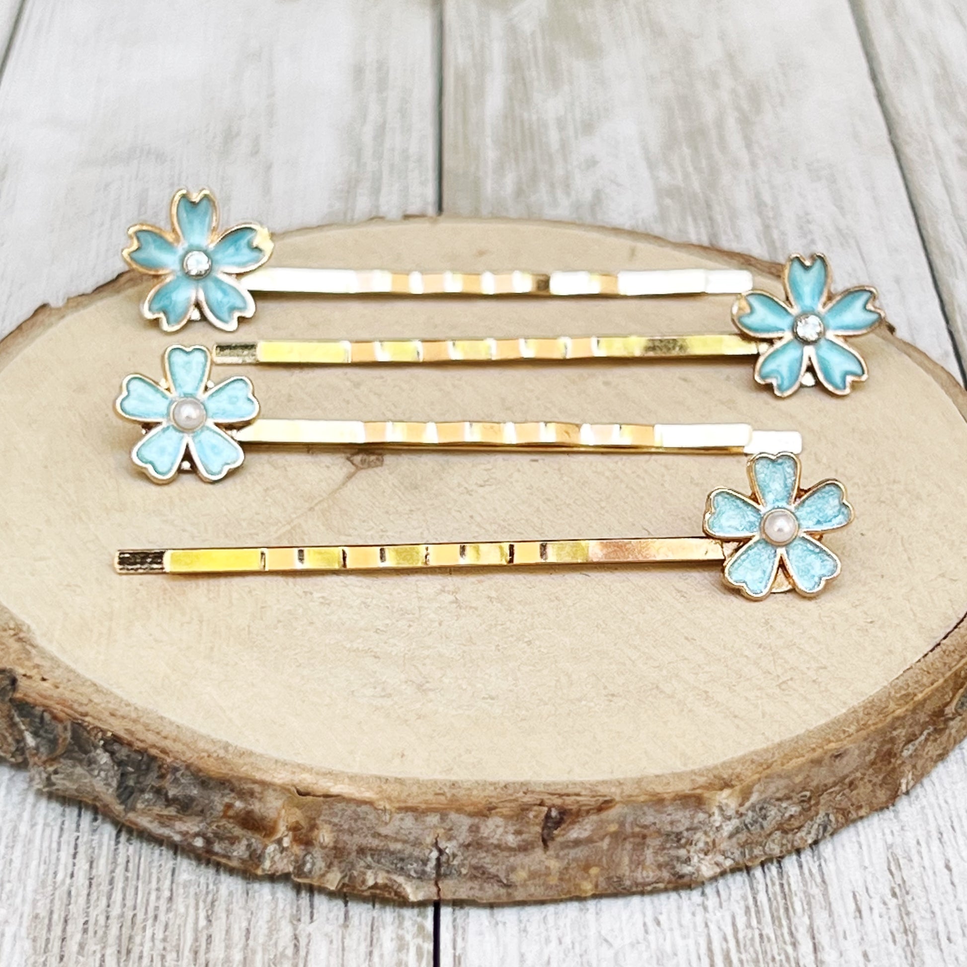 Blue Flower Hair Pins – Set of 4 Elegant Pearl Accessories
