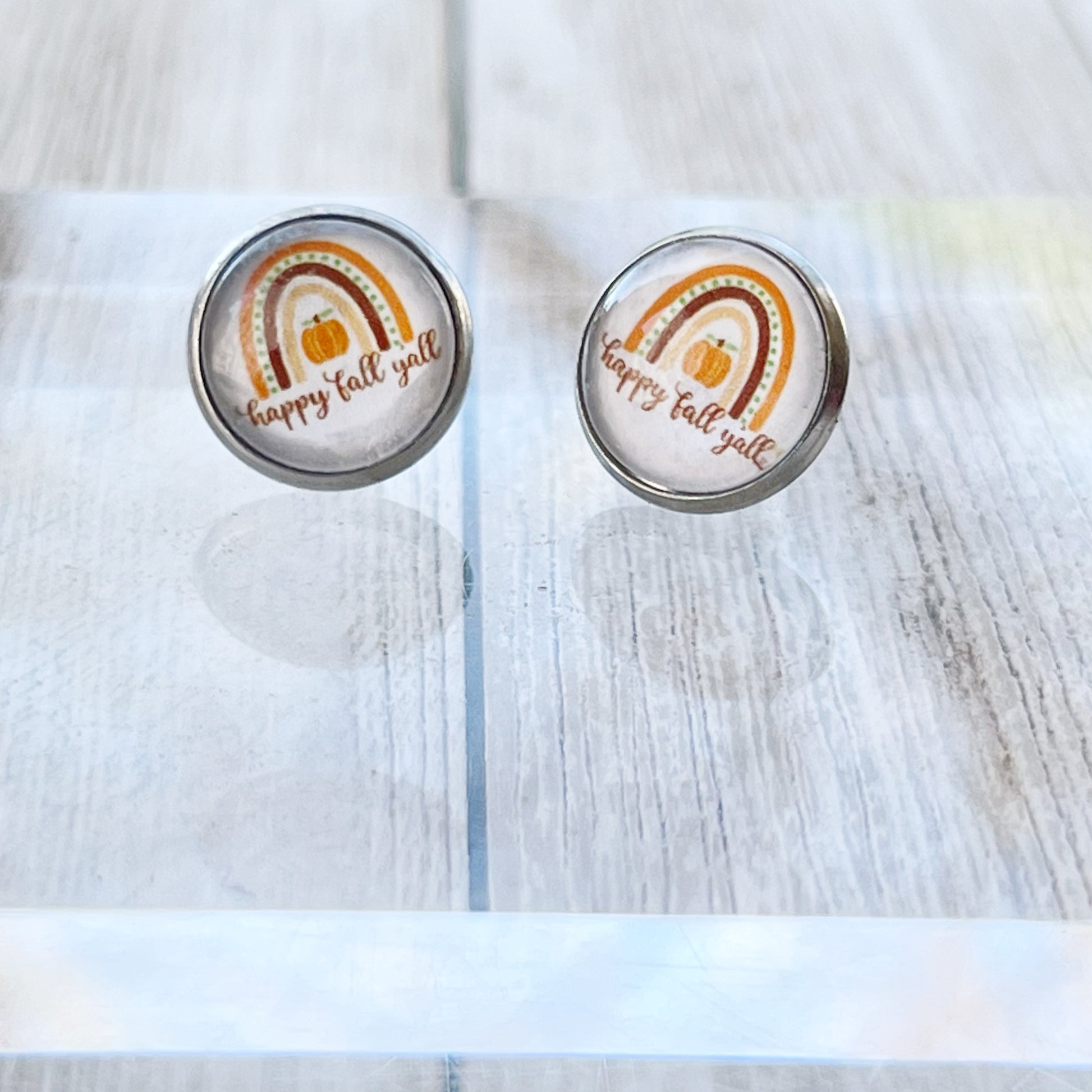 Happy Fall Y’all Stud Earrings – Rainbow Pumpkin Autumn Jewelry in Silver