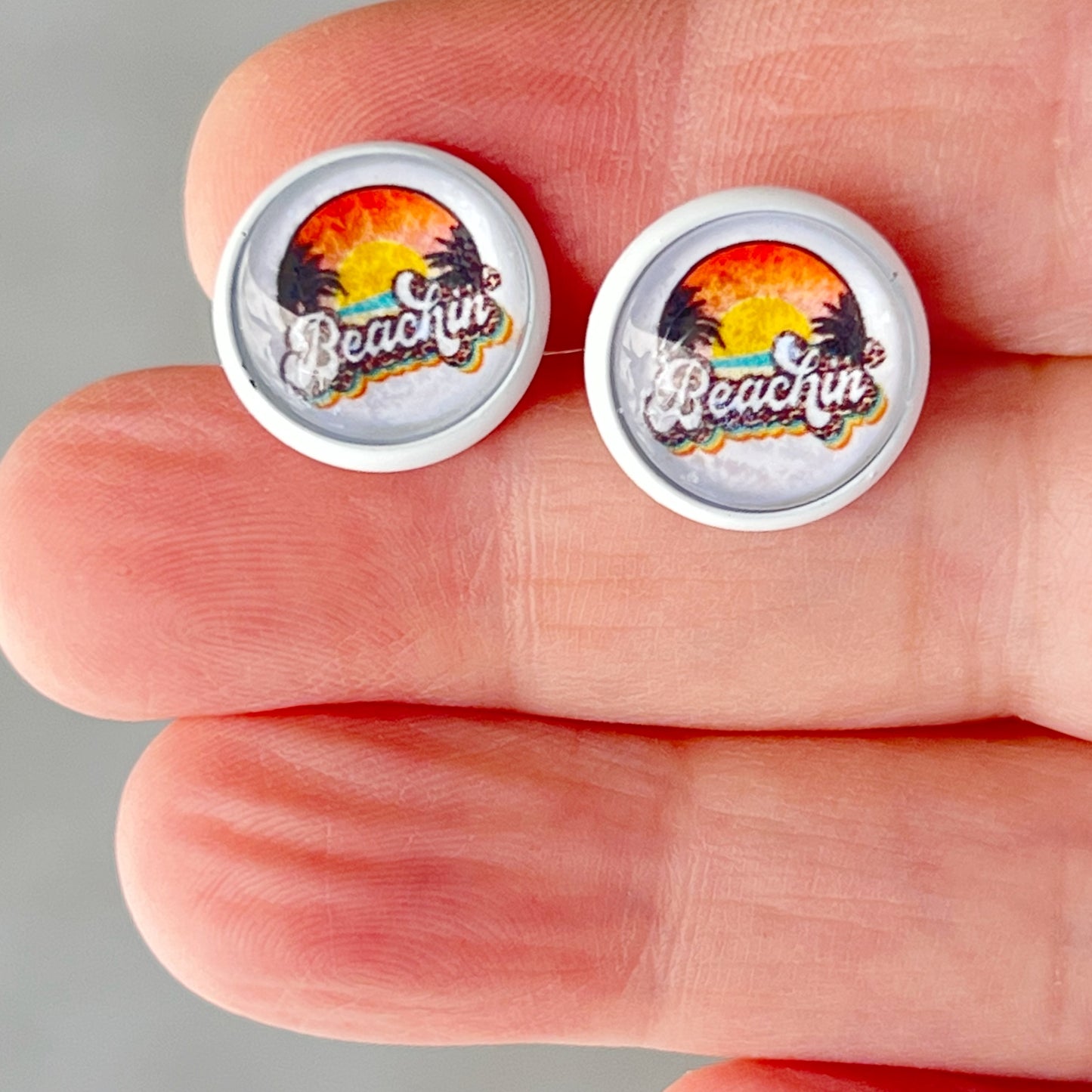 Beachin’ Sunset Stud Earrings – Retro Tropical Summer Jewelry with White Trim