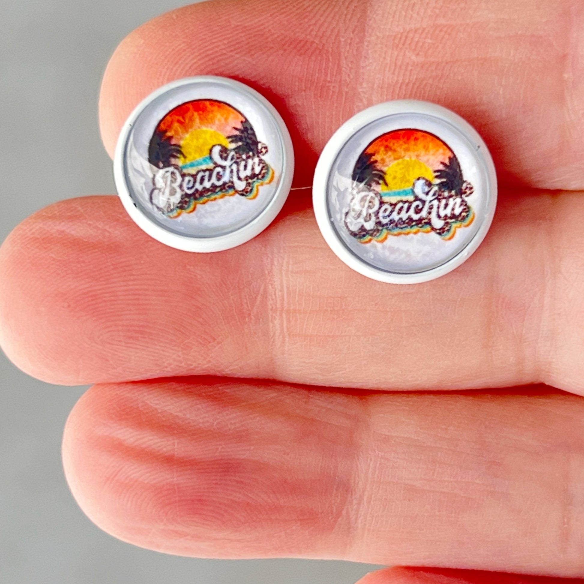 Beachin’ Sunset Stud Earrings – Retro Tropical Summer Jewelry with White Trim