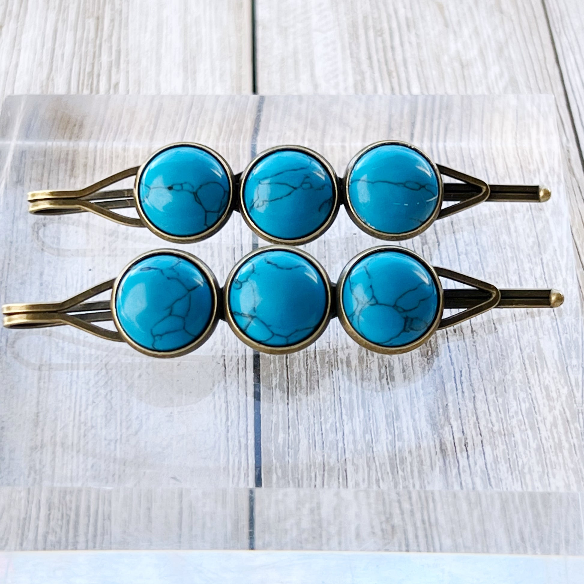 Turquoise Stone Hair Pins – Western Boho Hair Clips with Bronze Setting