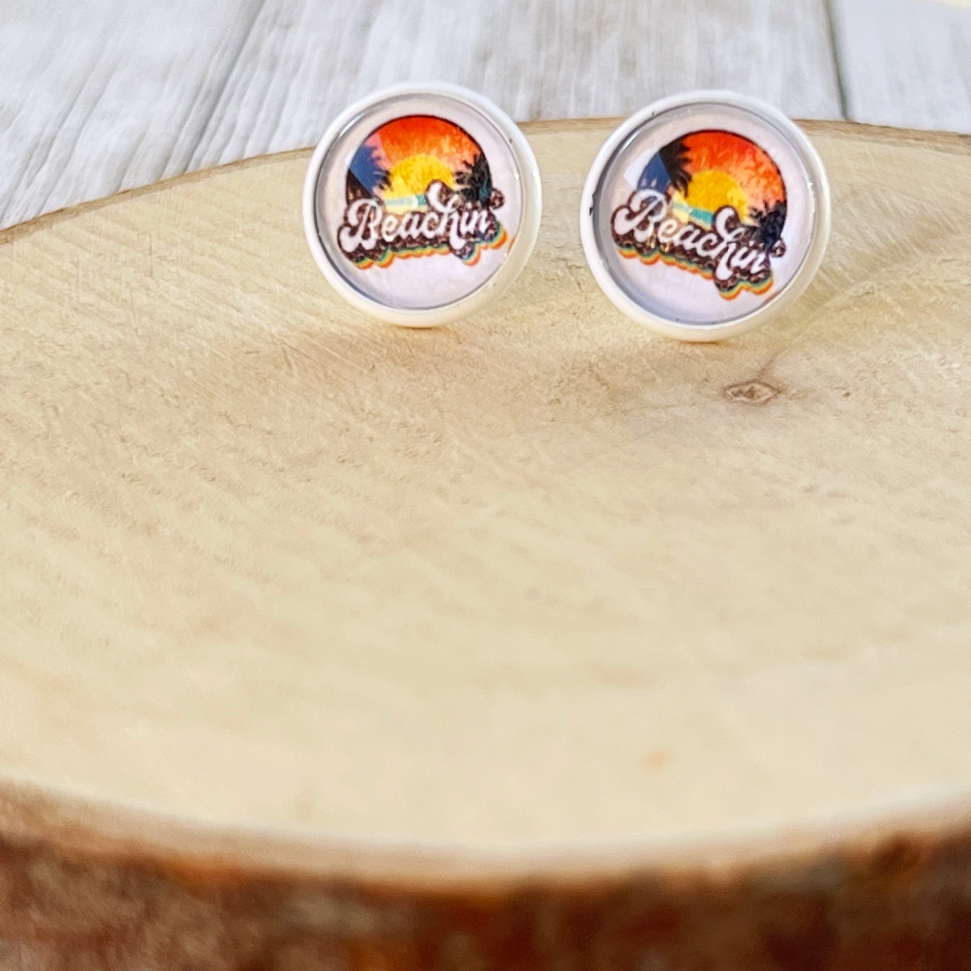 Beachin’ Sunset Stud Earrings – Retro Tropical Summer Jewelry with White Trim
