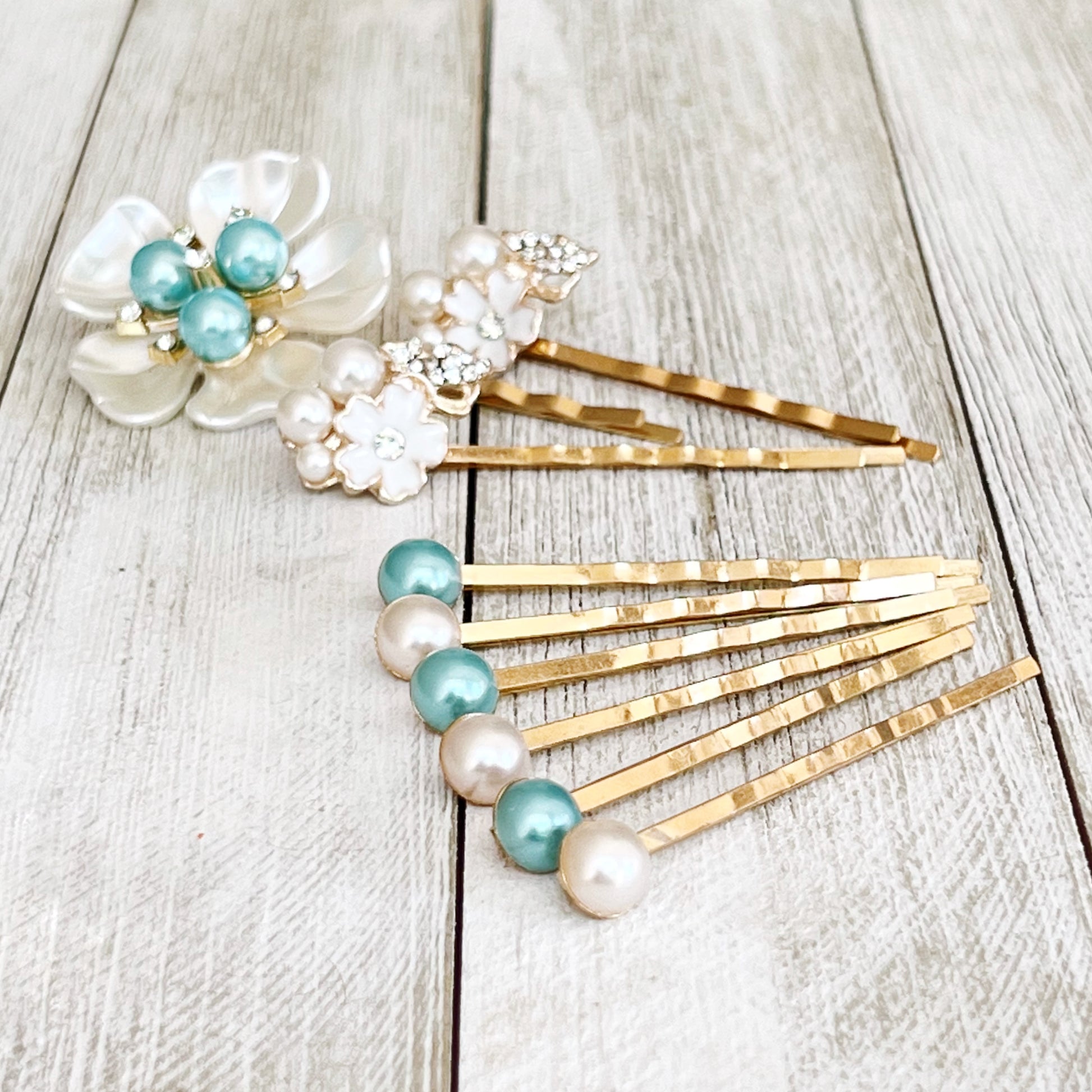 Blue Pearl Hair Pins Set - Wedding Hair Jewelry for Bride | White Floral & Rhinestone Bobby Pins for Elegant Hairstyles
