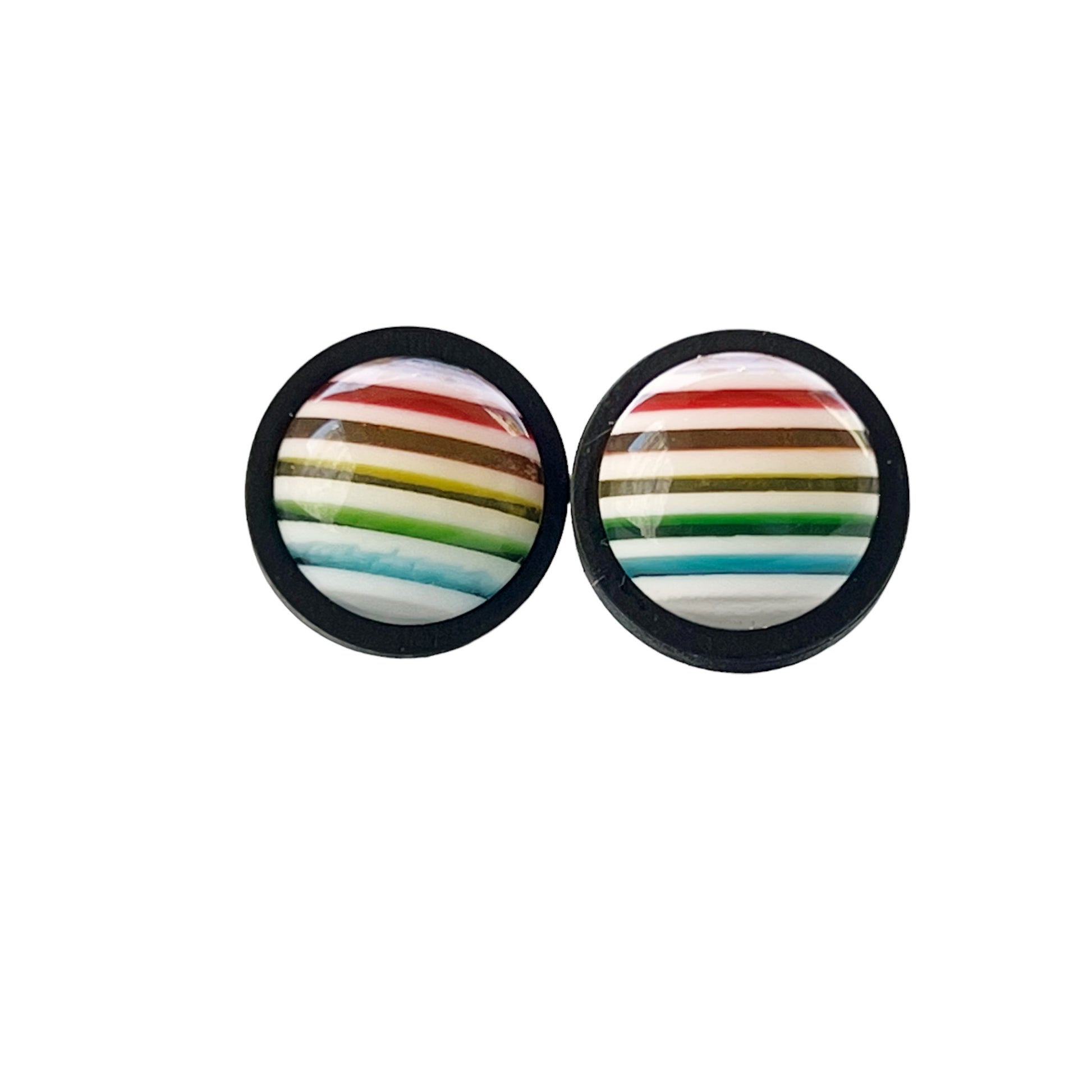 Rainbow Stripe Stud Earrings – Bold Multicolor Round Jewelry in Black Wood