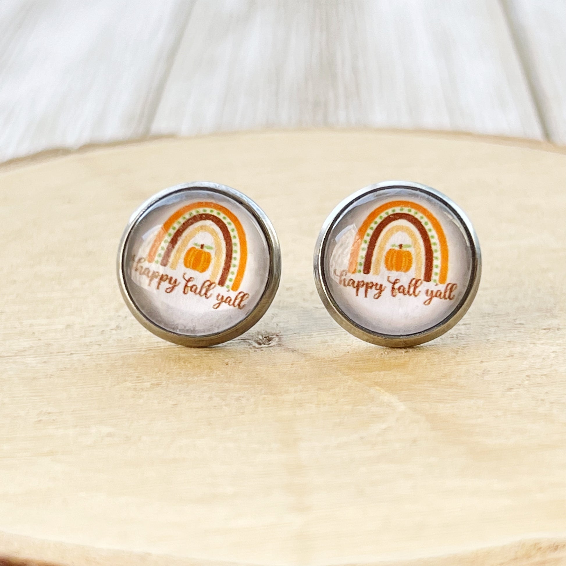Happy Fall Y’all Stud Earrings – Rainbow Pumpkin Autumn Jewelry in Silver
