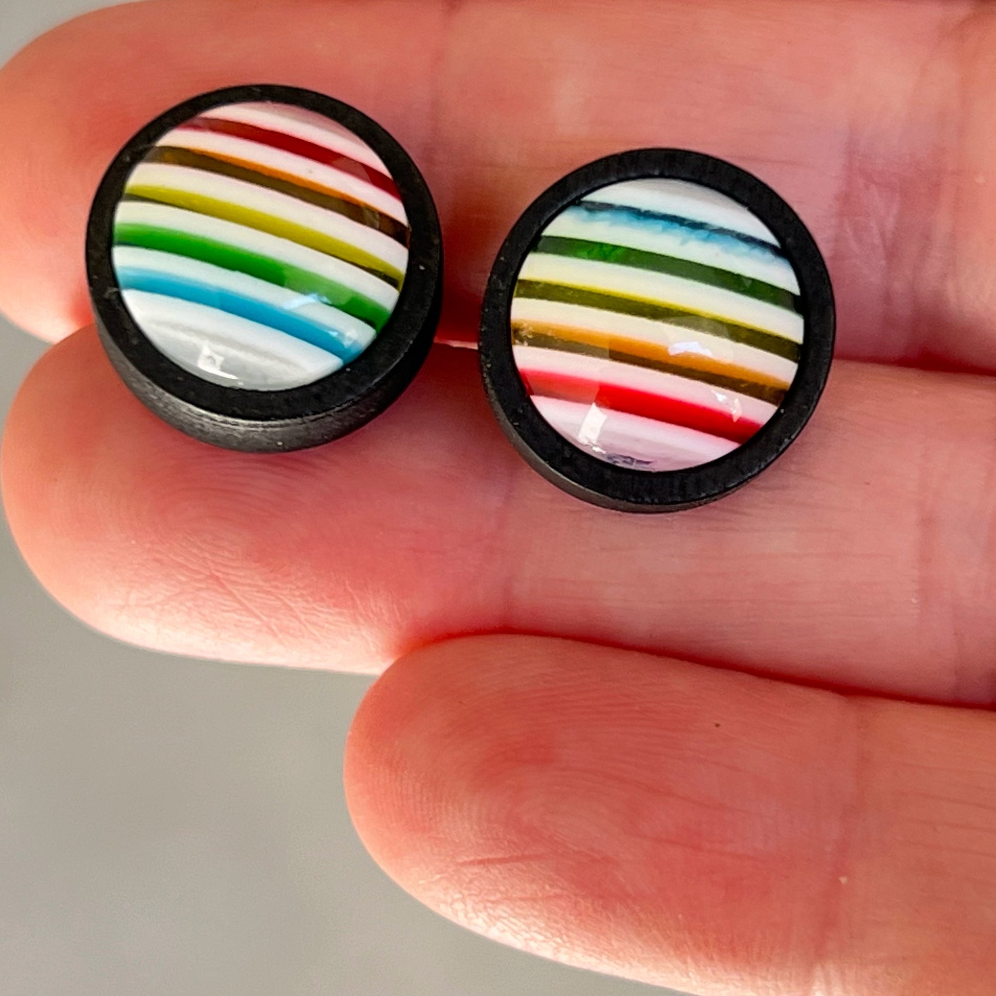 Rainbow Stripe Stud Earrings – Bold Multicolor Round Jewelry in Black Wood