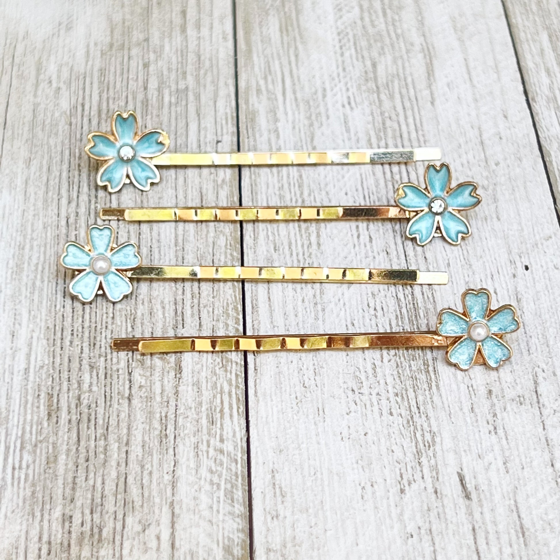 Blue Flower Hair Pins – Set of 4 Elegant Pearl Accessories