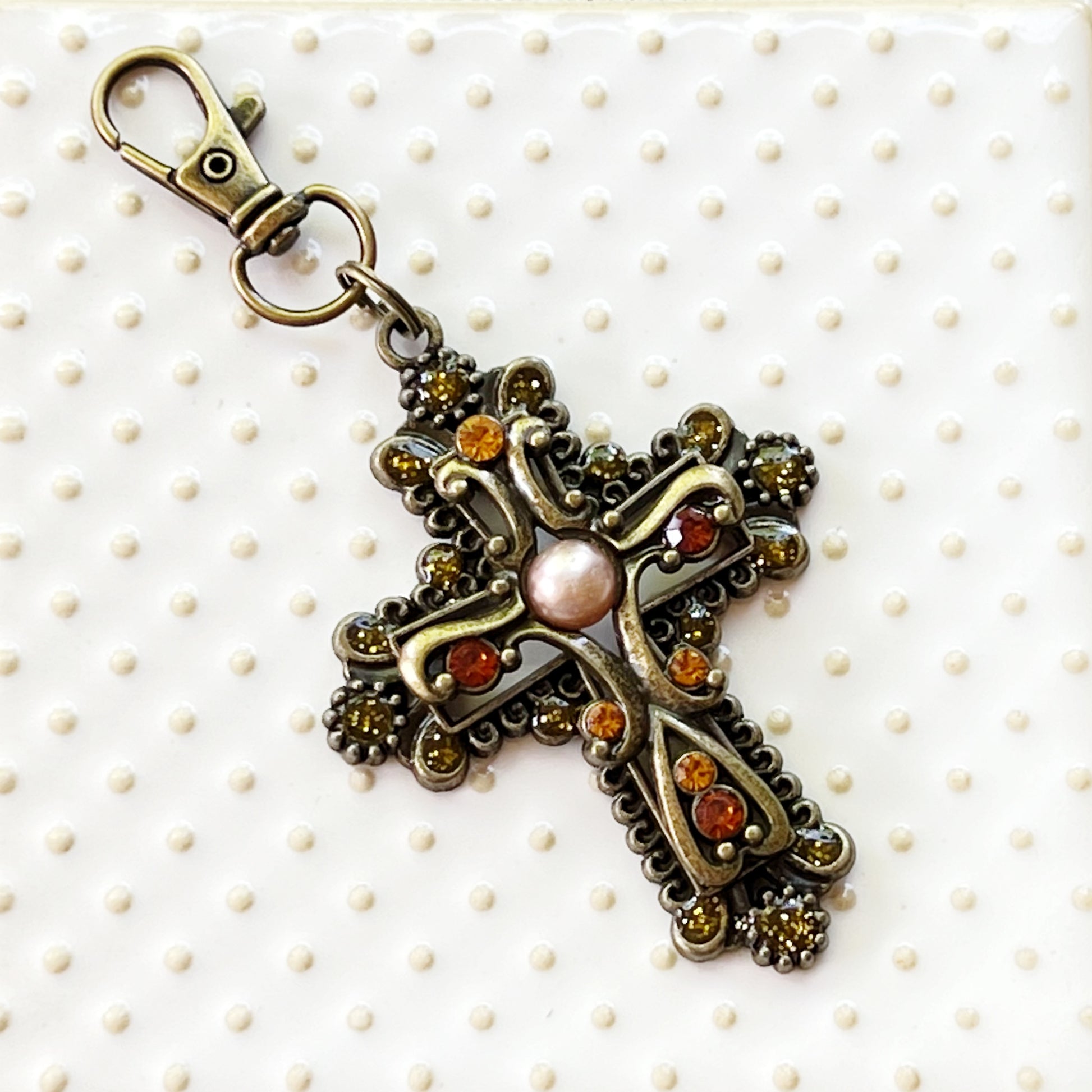 Ornate Cross Purse Charm – Vintage Bronze Keychain with Amber Rhinestones & Pearl