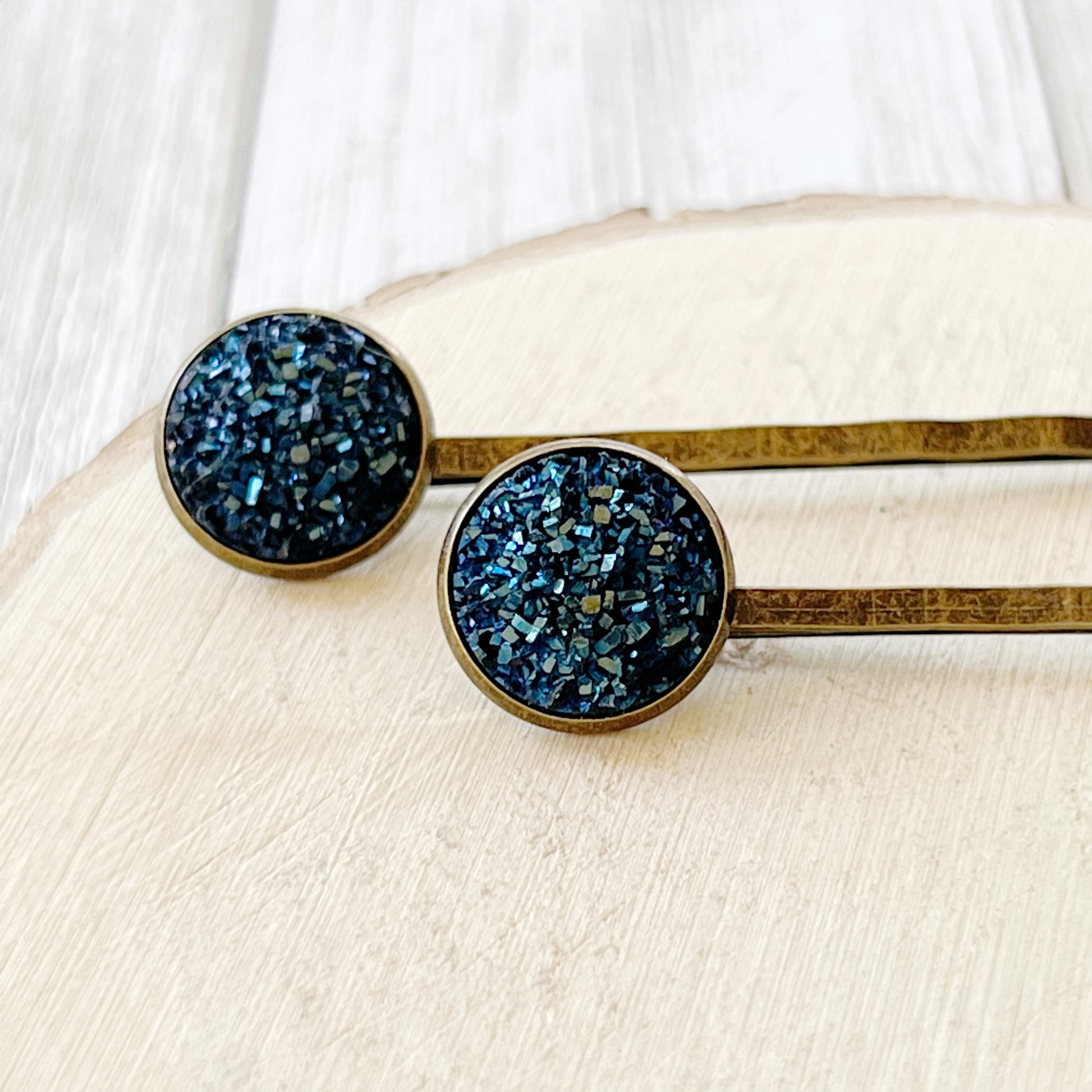 Cobalt Blue Druzy Brass Hair Pins: Elegant & Bold Accessories