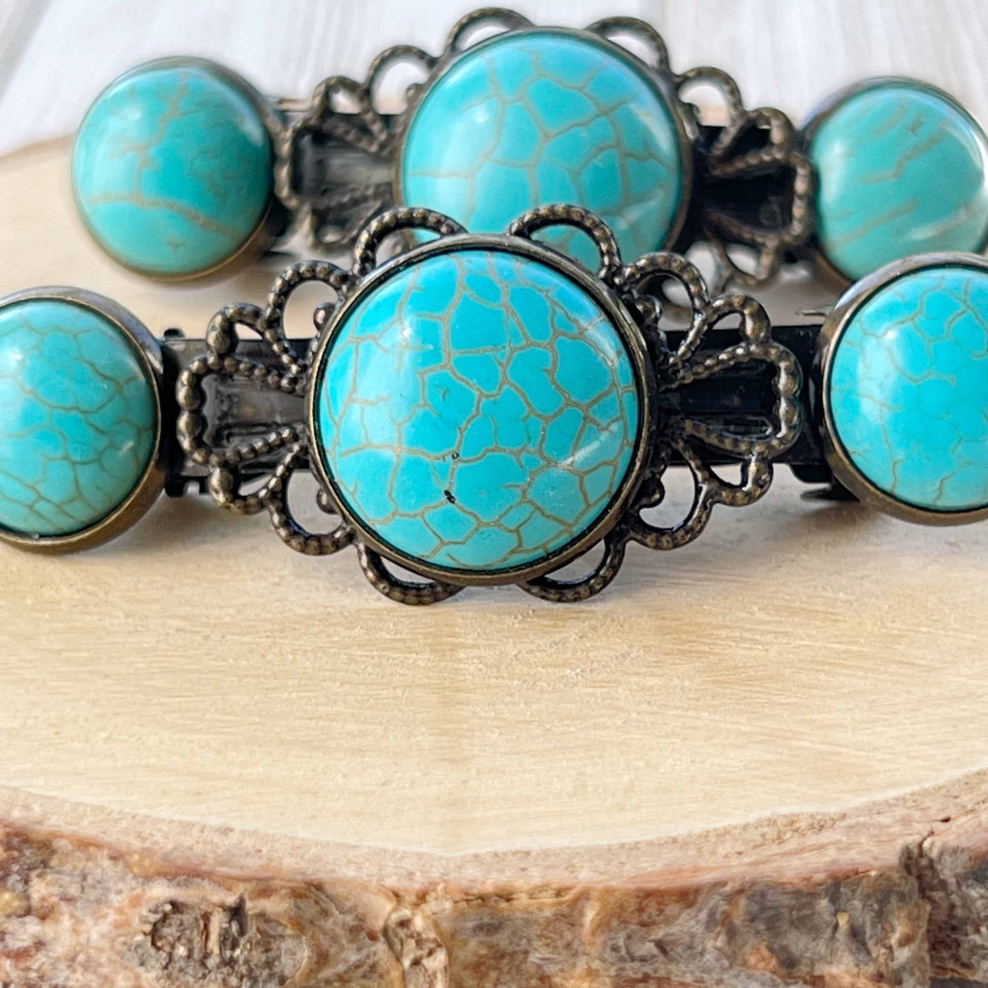 Turquoise Stone Hair Barrettes – Vintage-Inspired Boho Hair Clip Set