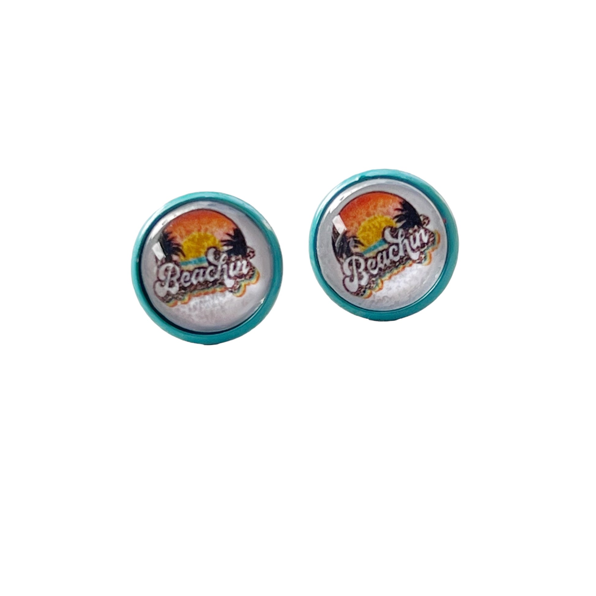 Beachin’ Sunset Stud Earrings – Retro Tropical Summer Jewelry with Teal Trim
