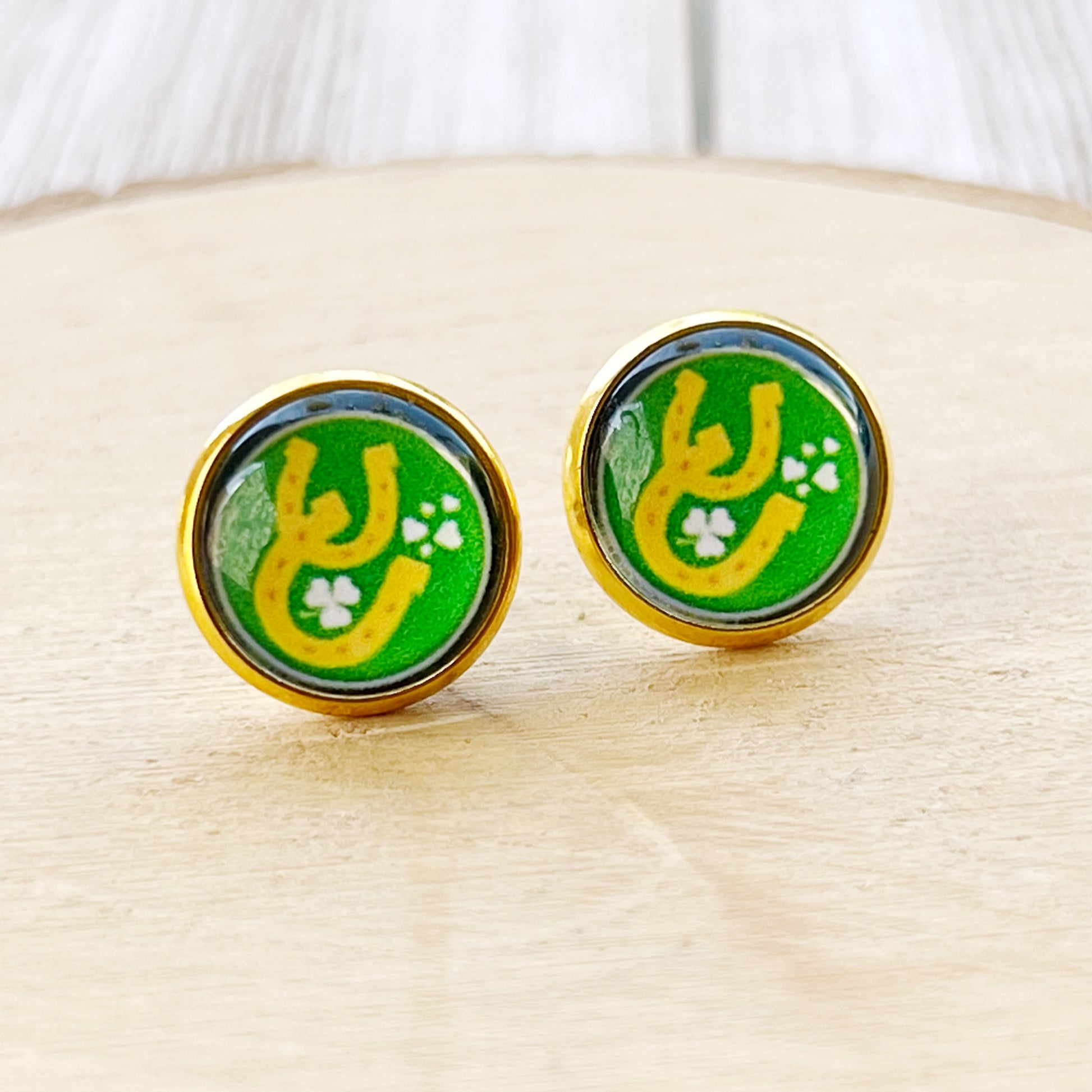 Lucky Horseshoe Stud Earrings – Green & Gold St. Patrick’s Day Jewelry for Her