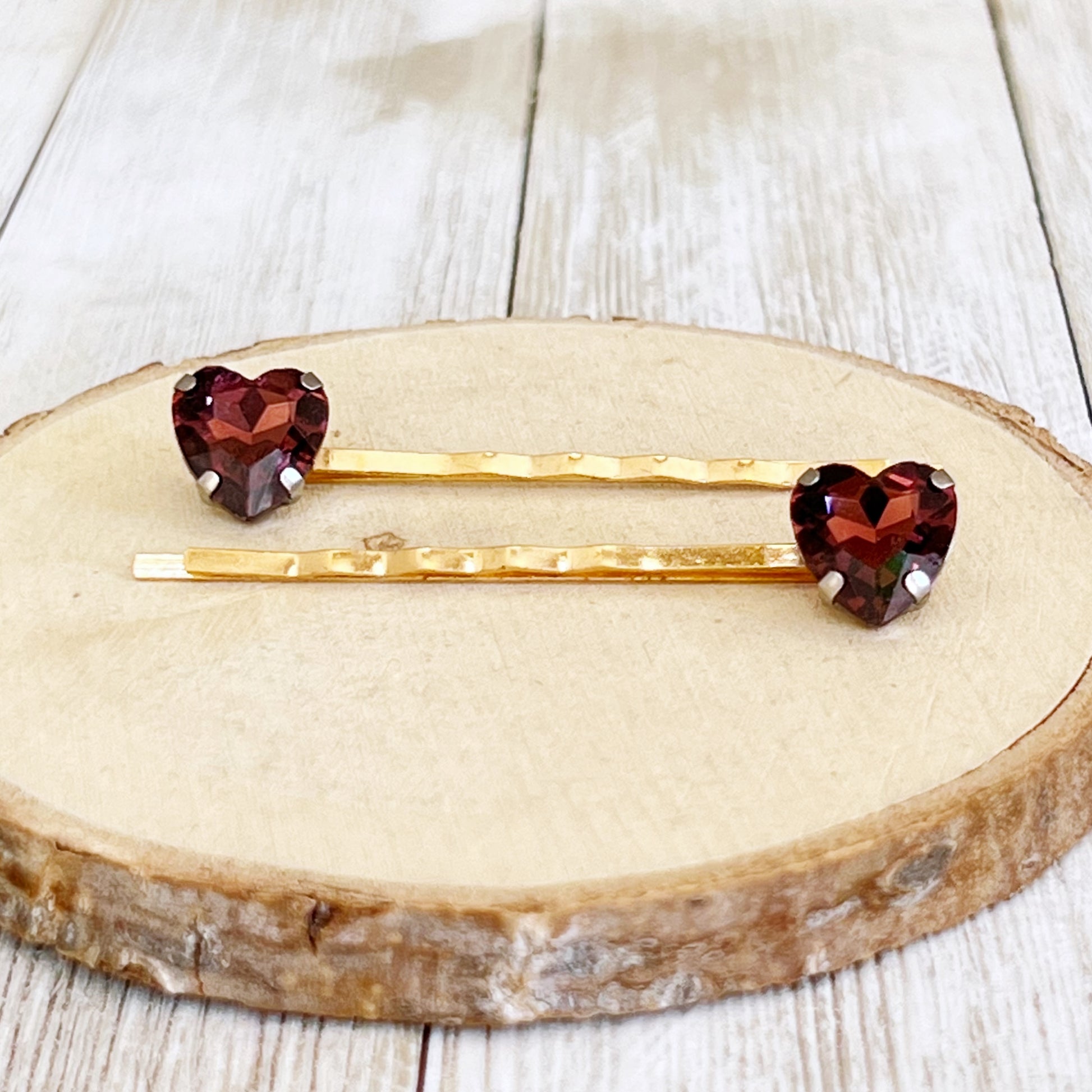 Cranberry Red Rhinestone Heart Hair Pins: Elegant Romantic Accessories