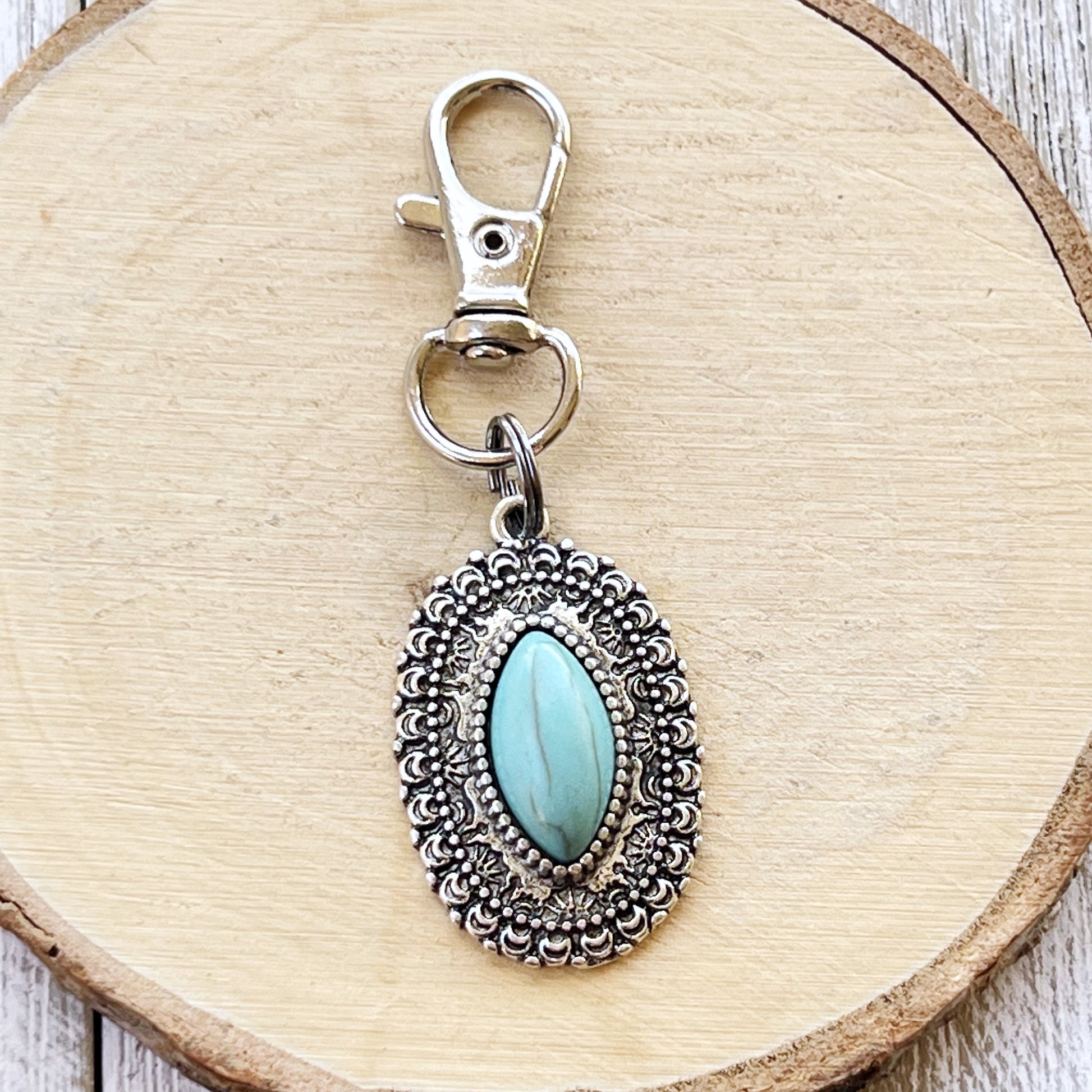 Turquoise Oval Purse Charm – Silver Western Keychain with Filigree Frame