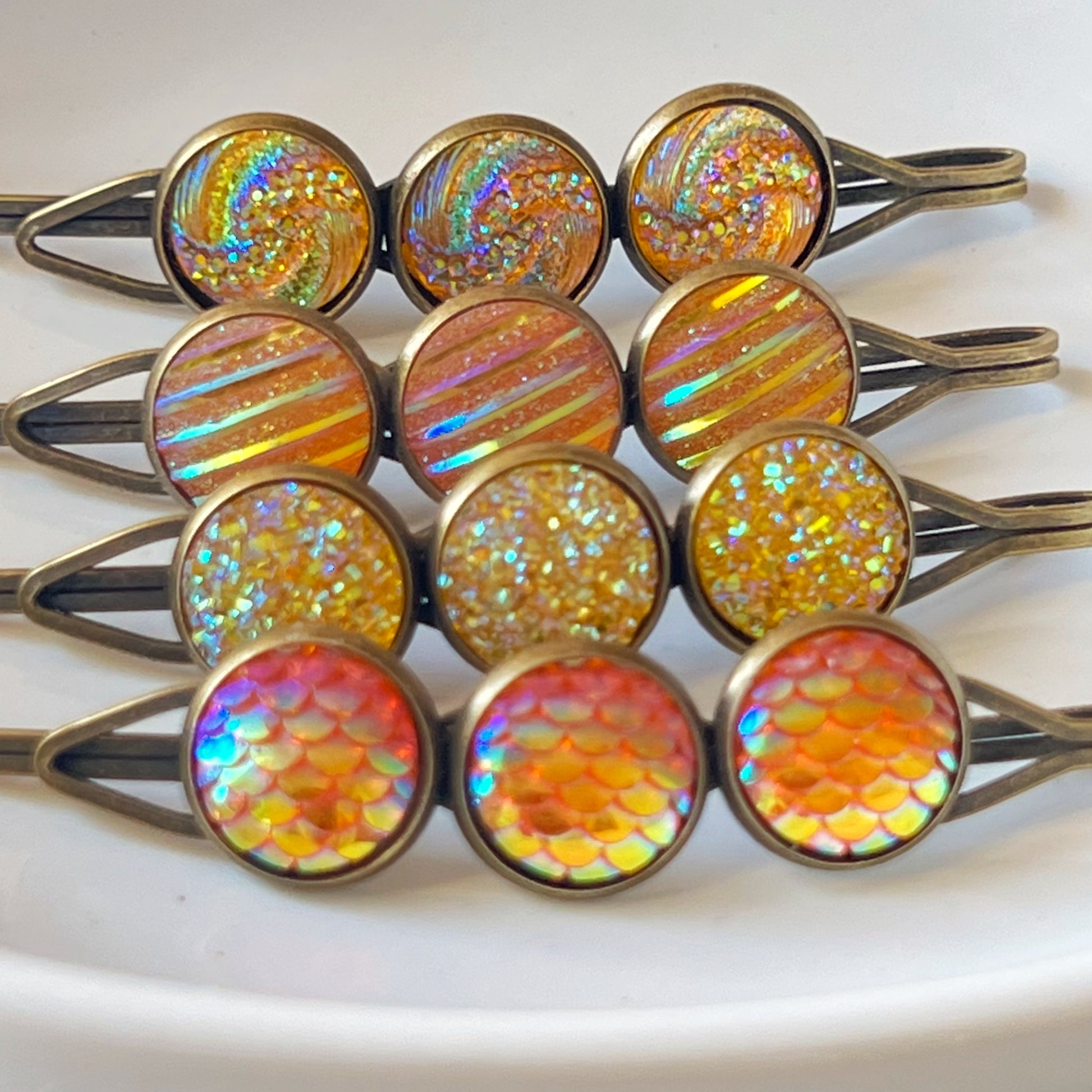Yellow-Orange Glitter Druzy Hair Pins Set - Set of 4 with Unique Pattern Designs