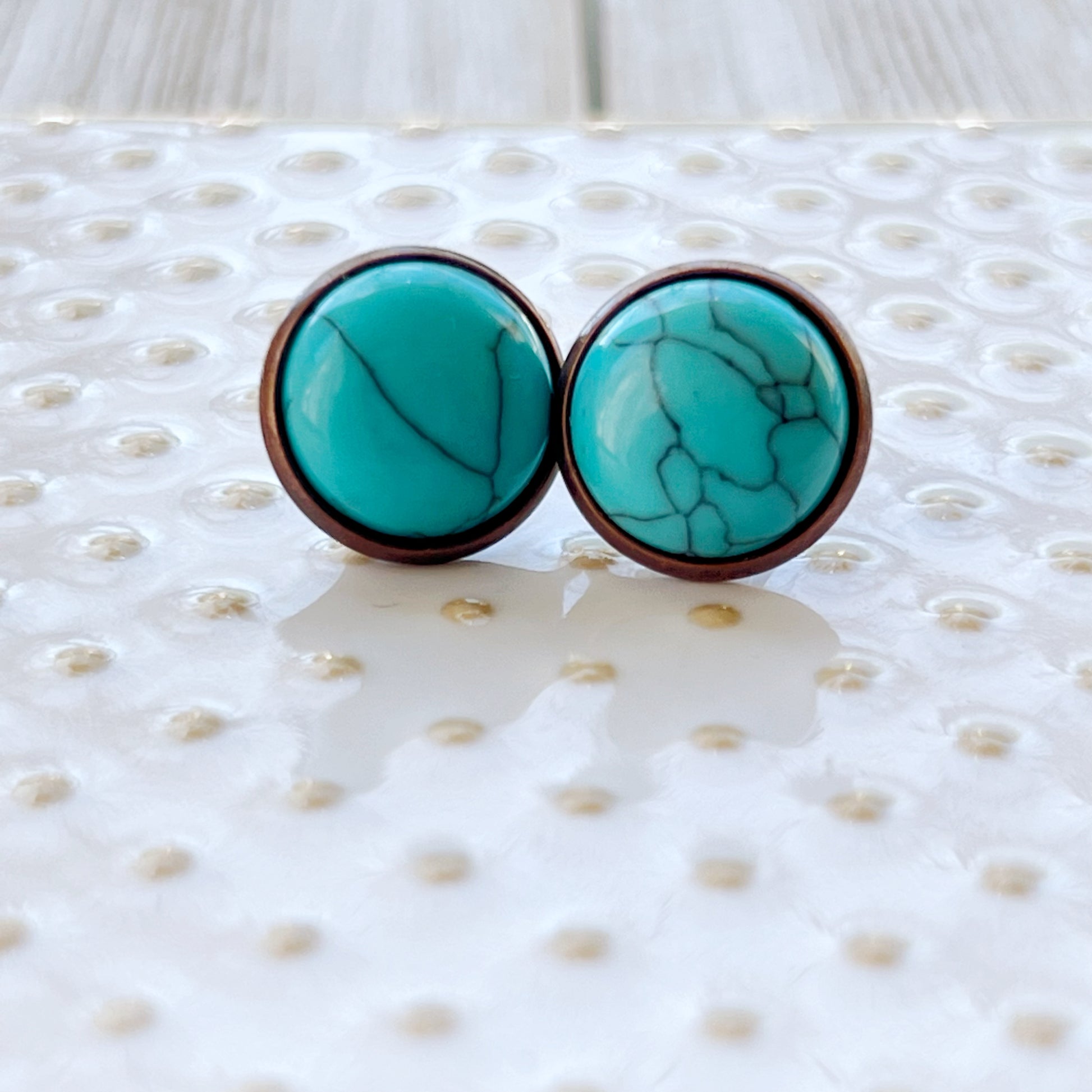 Turquoise Stone Stud Earrings – Copper Round Boho Western Jewelry
