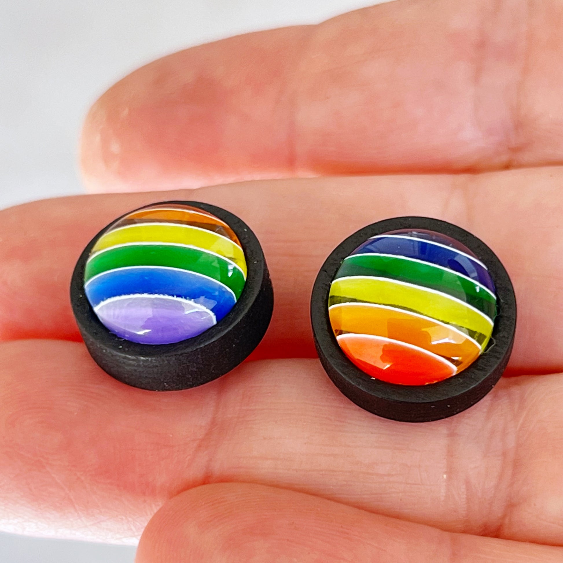 Rainbow Stripe Resin Stud Earrings – Colorful Handmade Jewelry in Black Wood