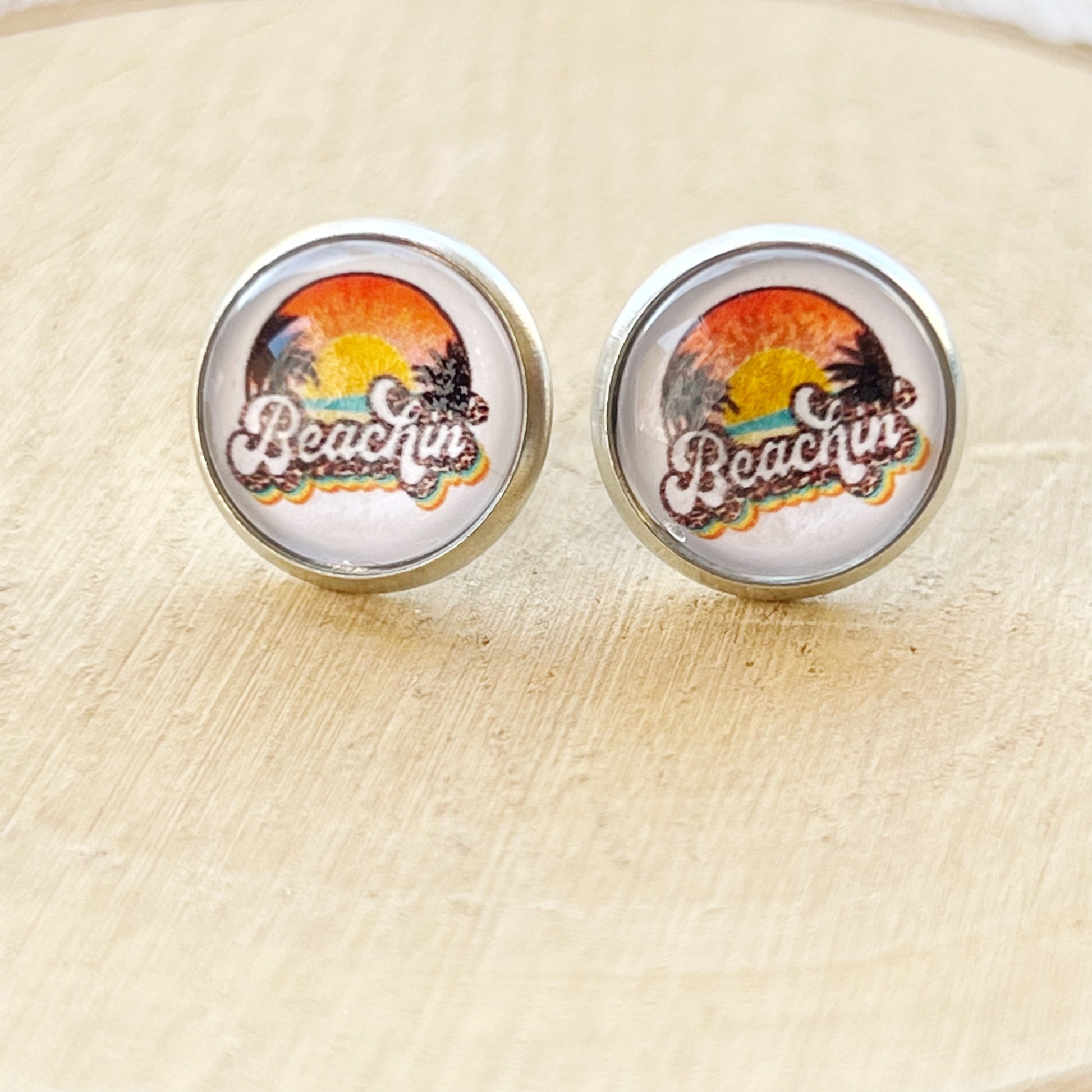 Beachin’ Sunset Stud Earrings – Retro Summer Palm Tree Jewelry in Silver