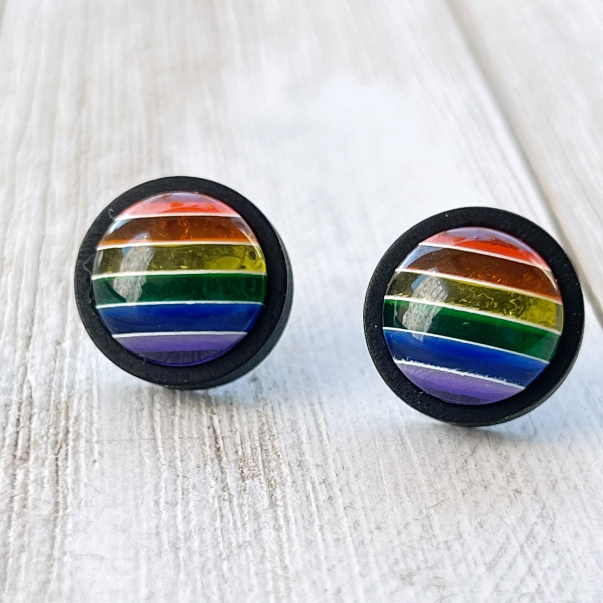 Rainbow Stripe Resin Stud Earrings – Colorful Handmade Jewelry in Black Wood