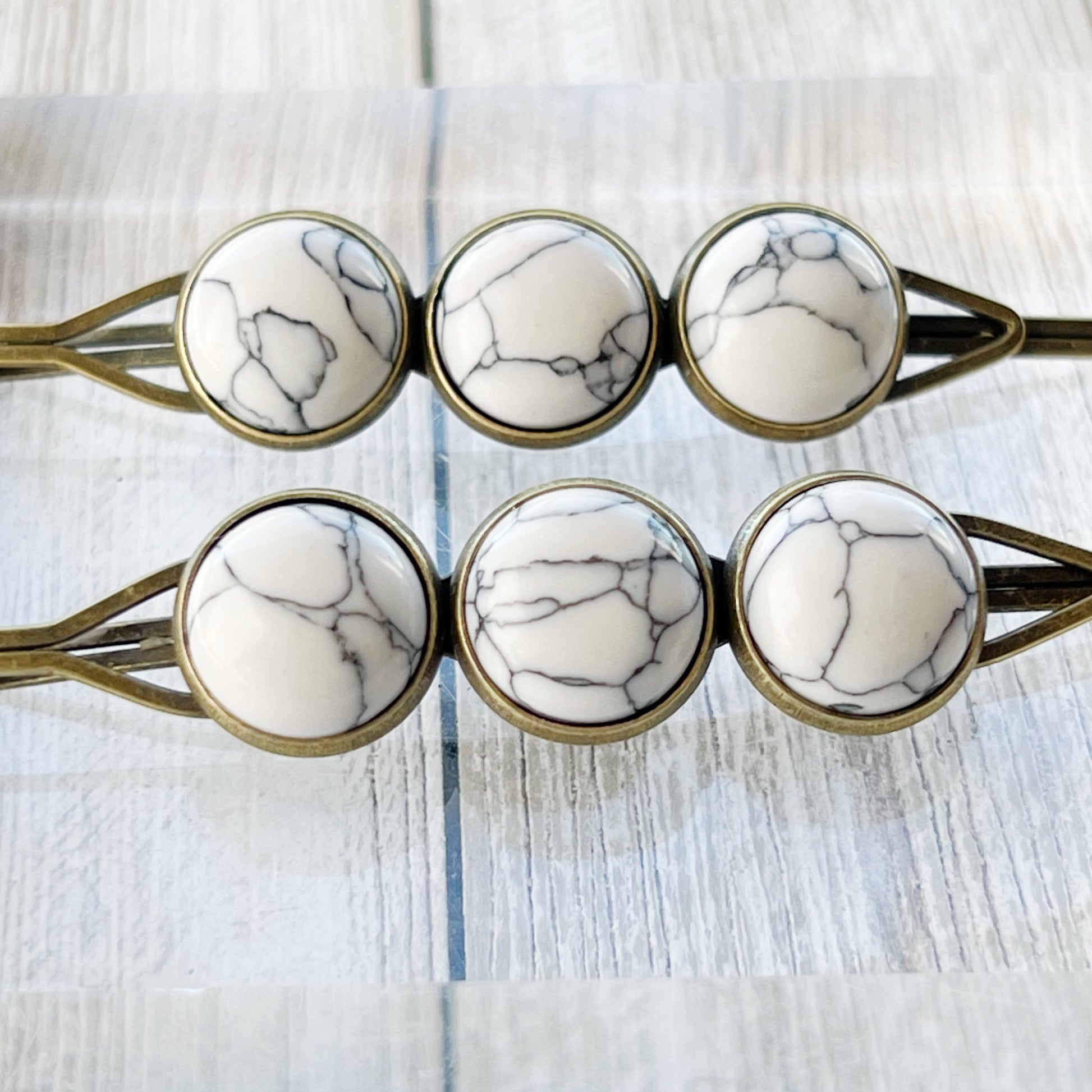 White Marble Hair Pins – Minimal Boho Stone Hair Clips in Bronze Tone