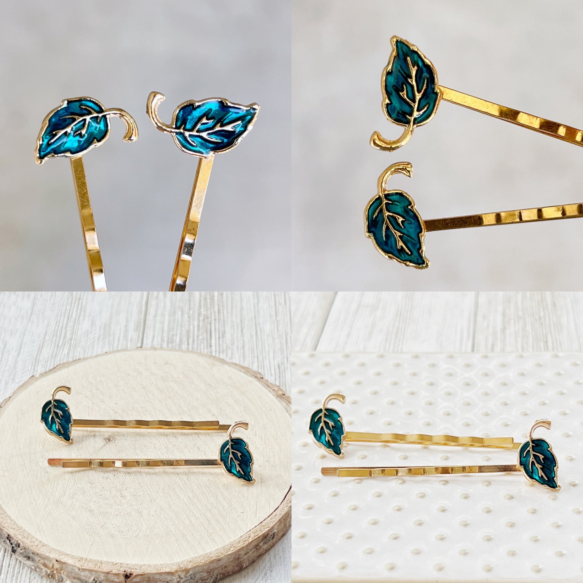 Blue Enamel Leaf Hair Pins – Gold Nature-Inspired Fall Hair Accessories