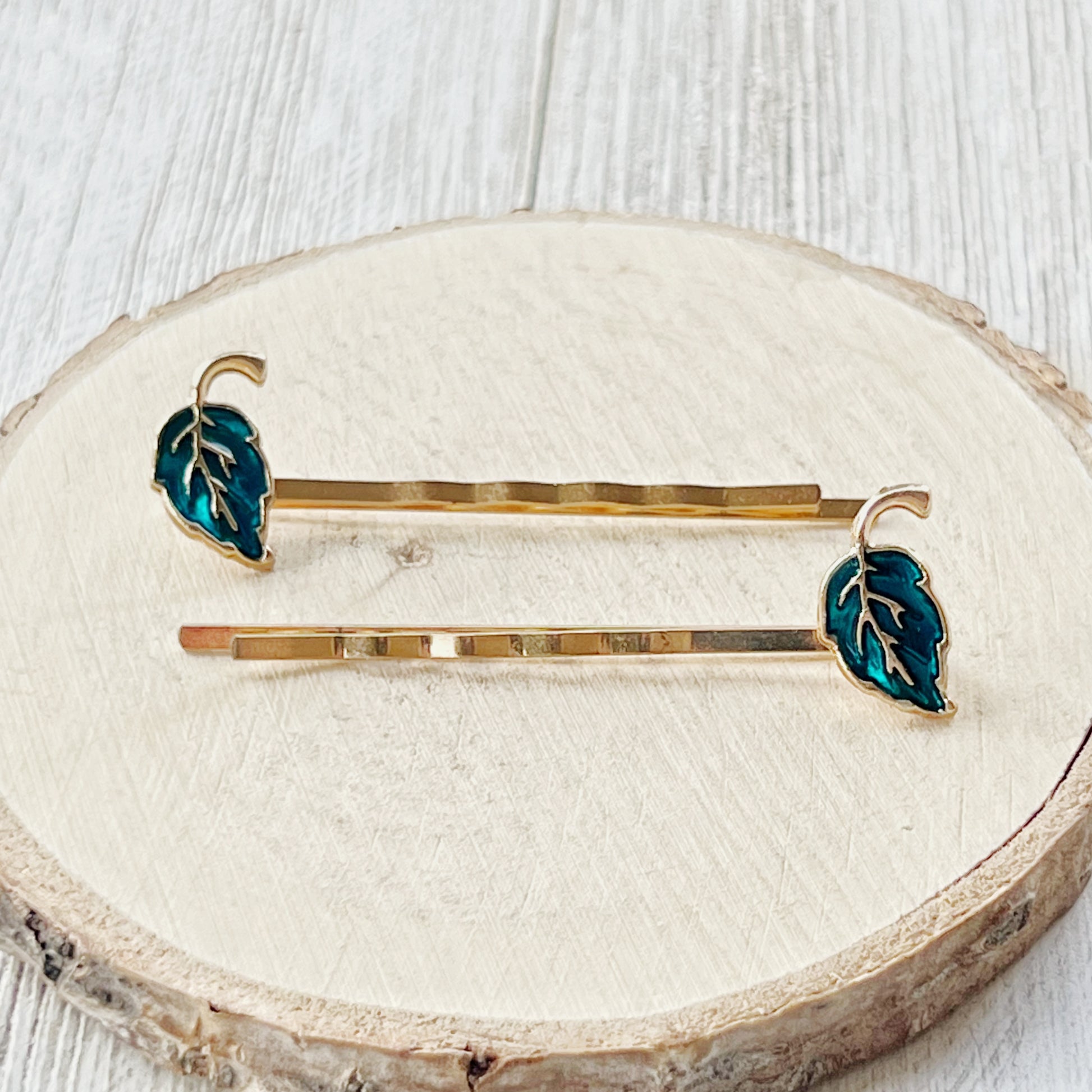 Blue Enamel Leaf Hair Pins – Gold Nature-Inspired Fall Hair Accessories