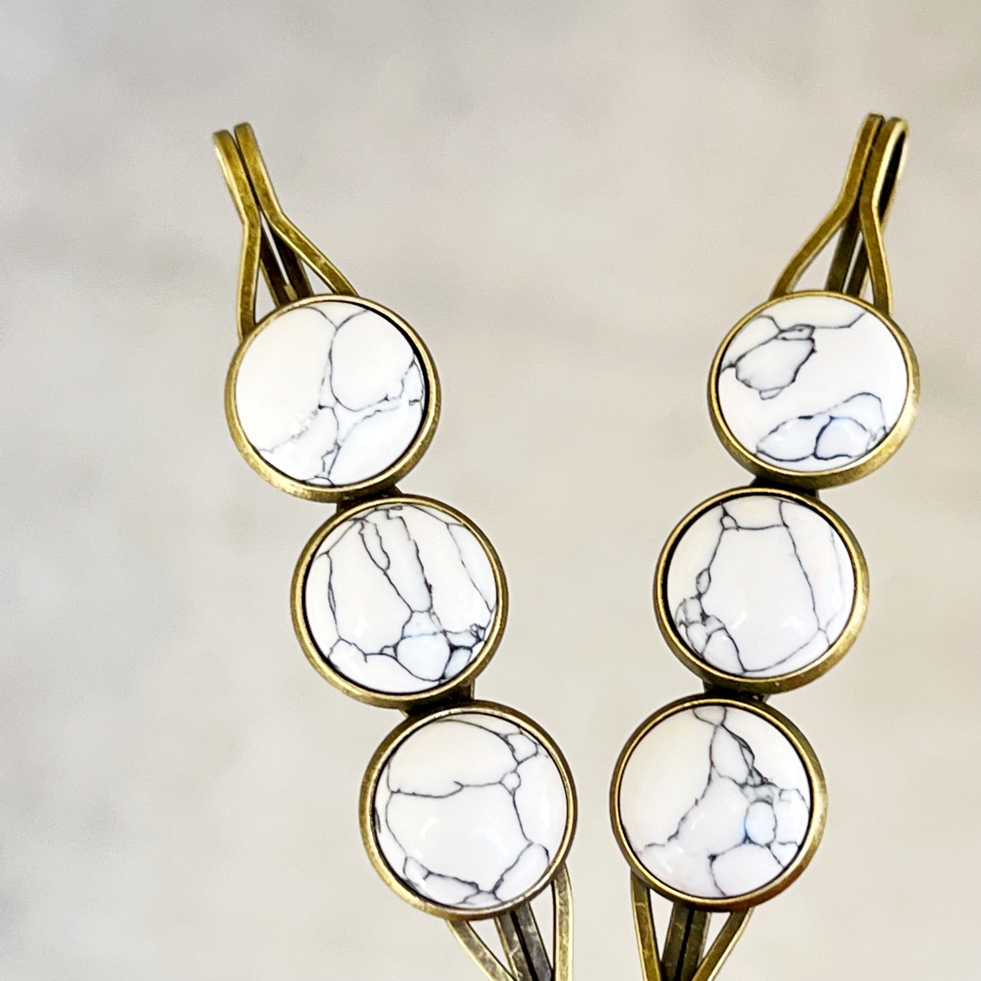 White Marble Hair Pins – Minimal Boho Stone Hair Clips in Bronze Tone