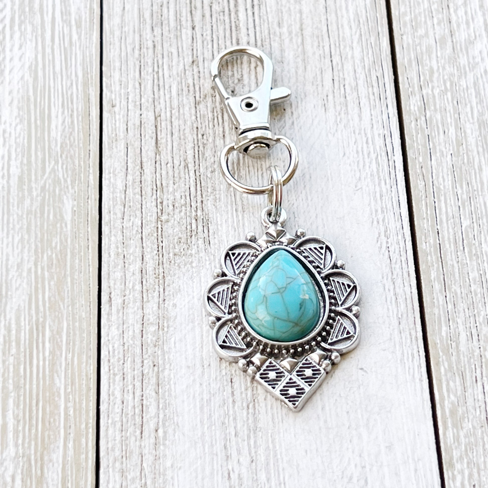 Turquoise Teardrop Purse Charm – Boho Southwest Silver Keychain Accent