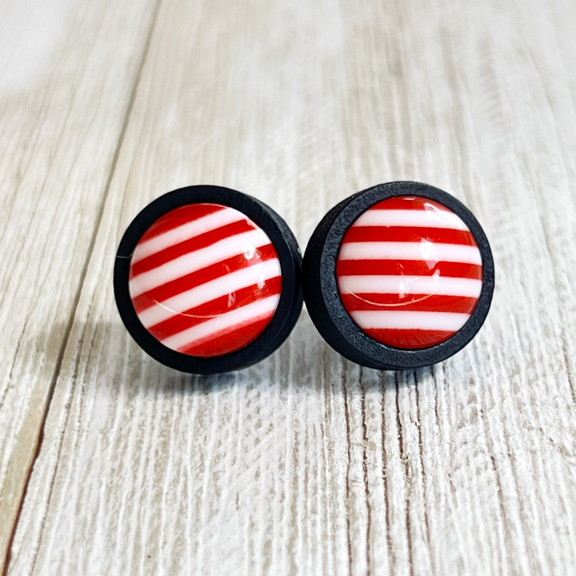 Peppermint Stripe Stud Earrings – Red & White Holiday Candy Cane Jewelry