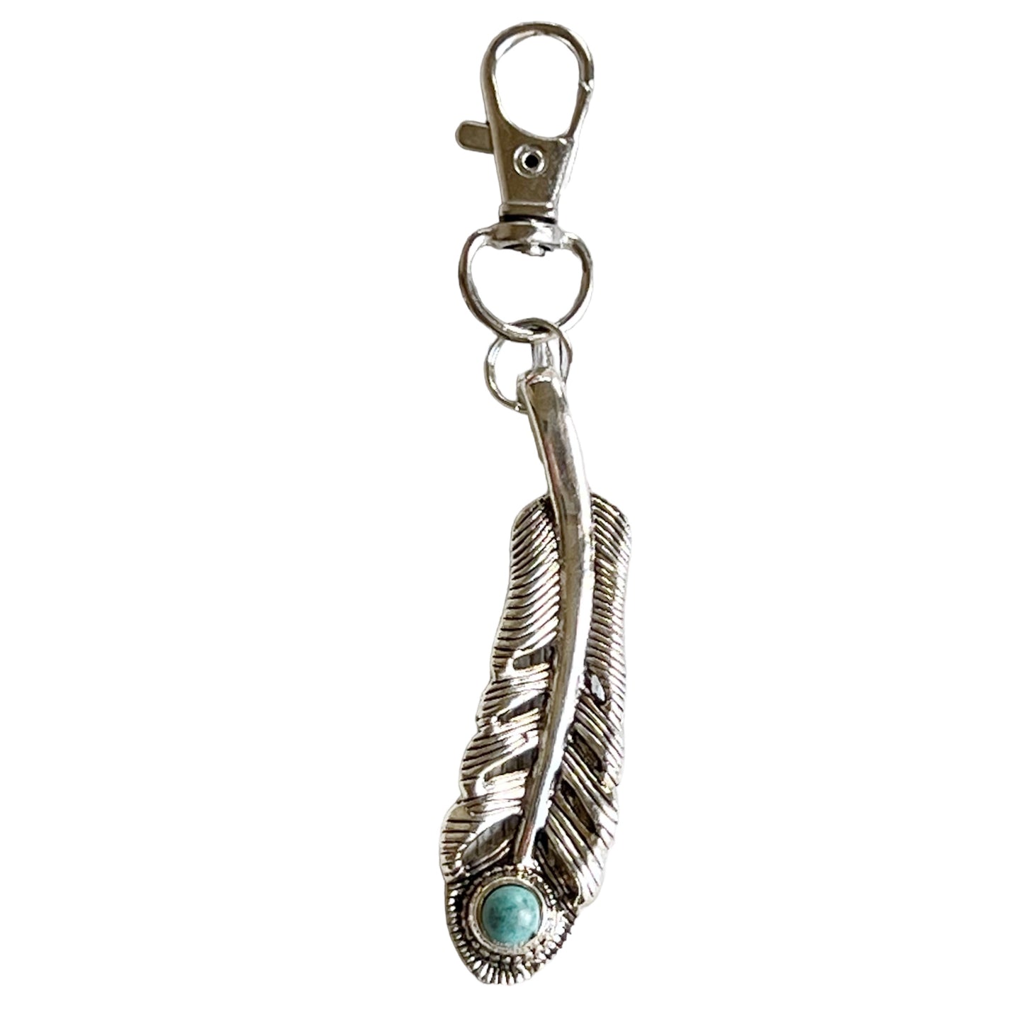 Feather Purse Charm – Silver Boho Keychain with Turquoise Stone Accent