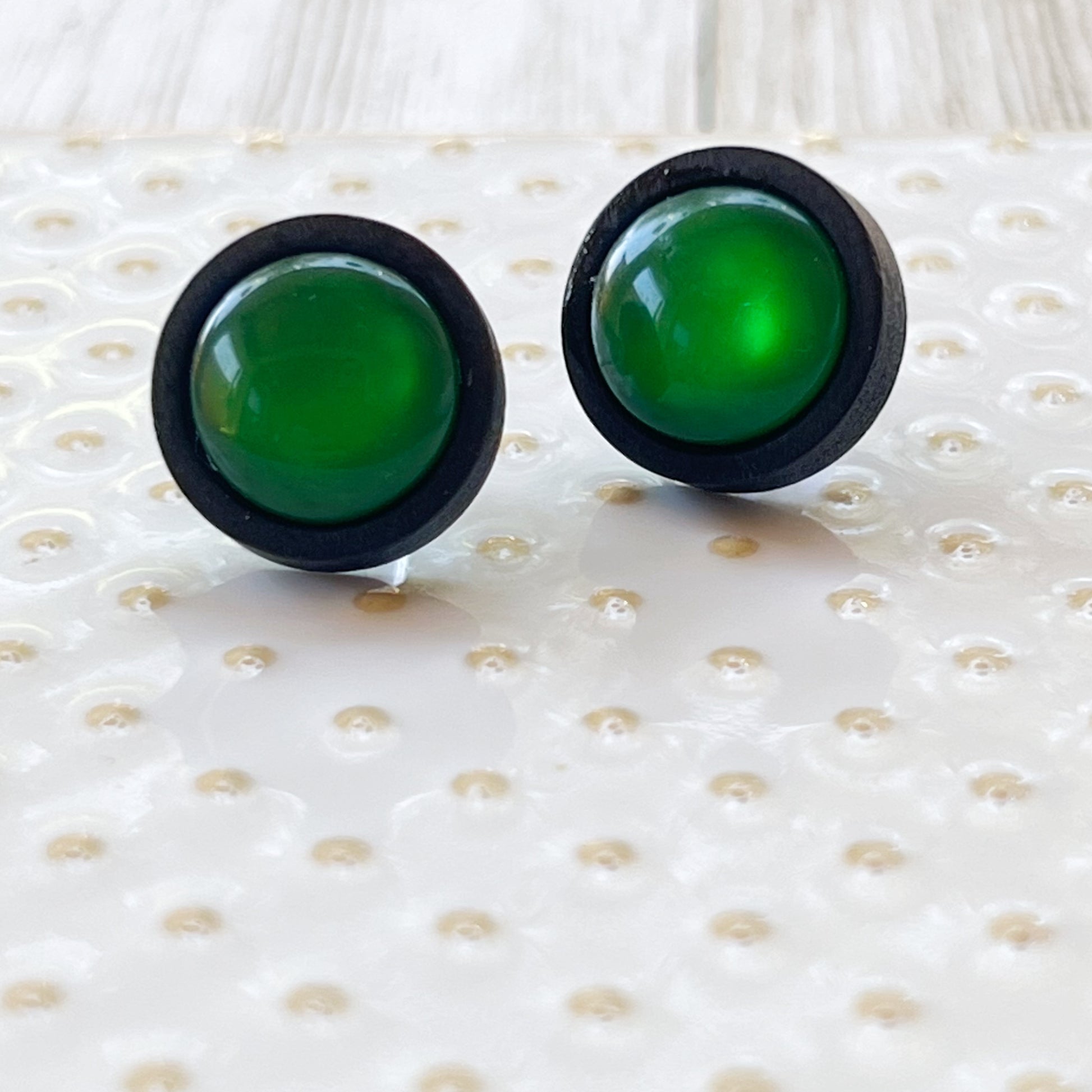 Green Resin Black Wood Unisex Stud Earrings - Stylish & Versatile Accessories