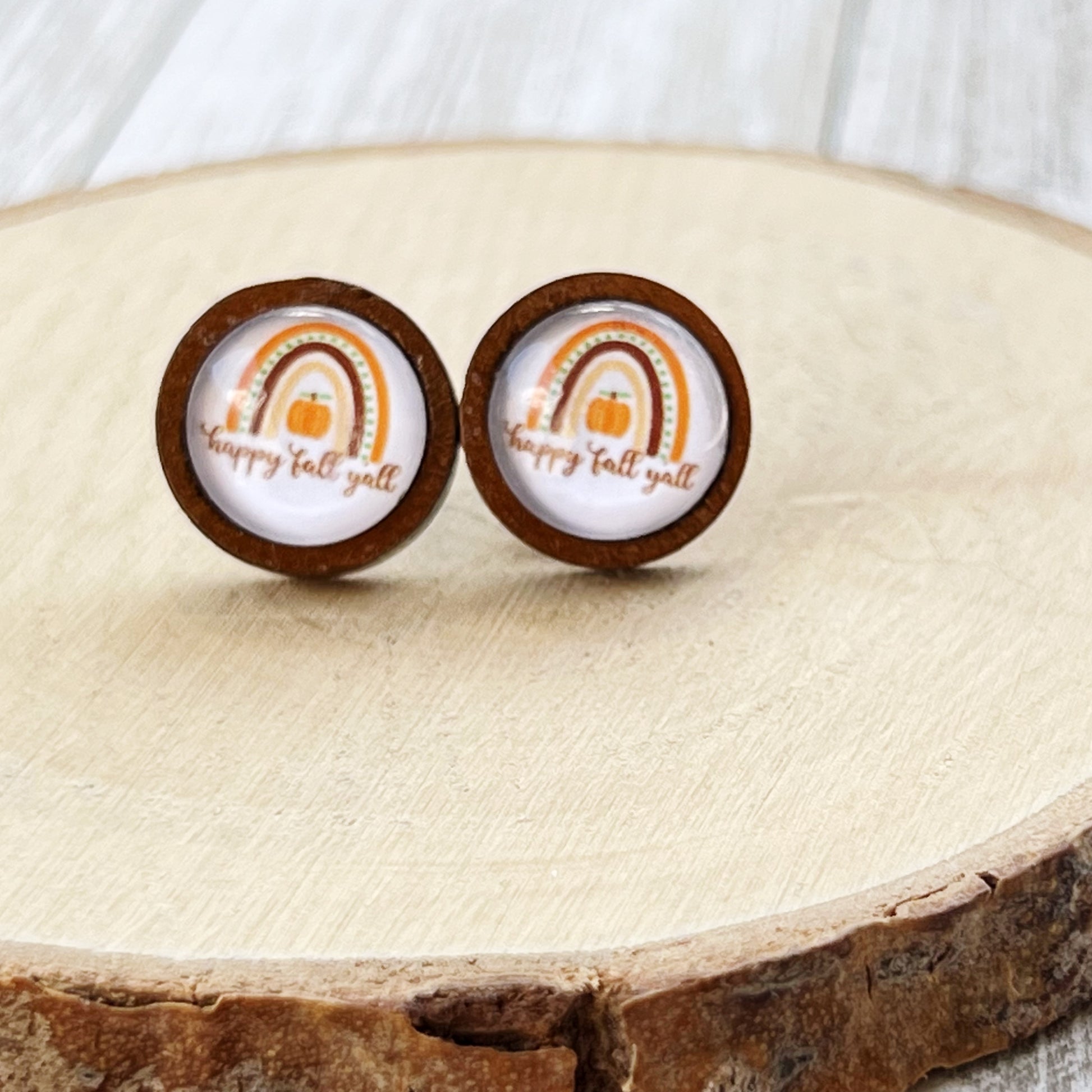 Boho Rainbow Happy Fall Y’all Wood Stud Earrings - Festive Autumn Accessories