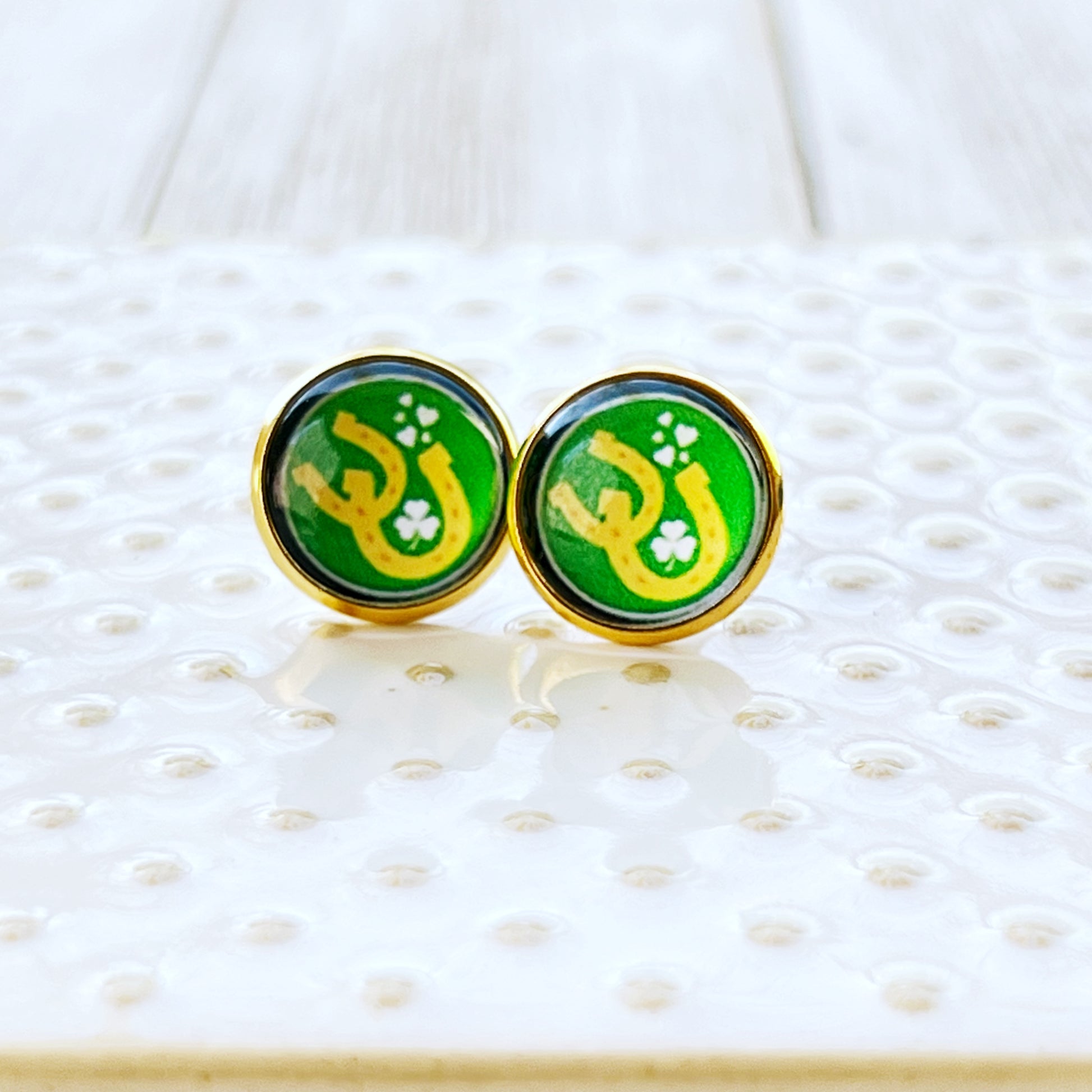 Lucky Horseshoe Stud Earrings – Green & Gold St. Patrick’s Day Jewelry for Her