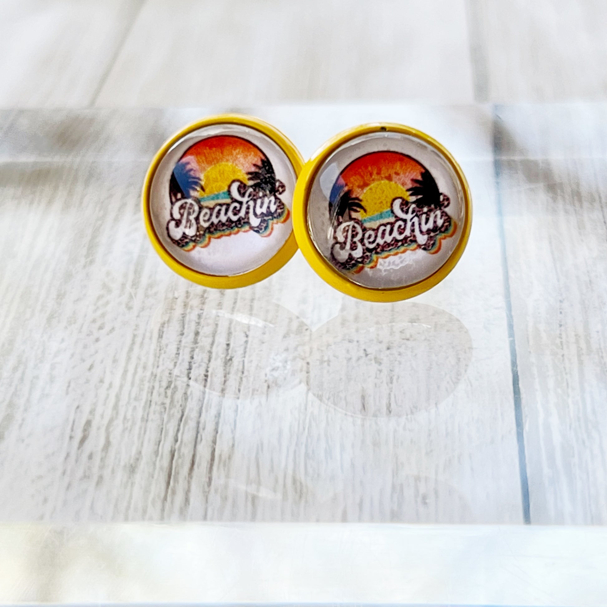 Beachin’ Sunset Stud Earrings – Tropical Retro Summer Jewelry with Yellow