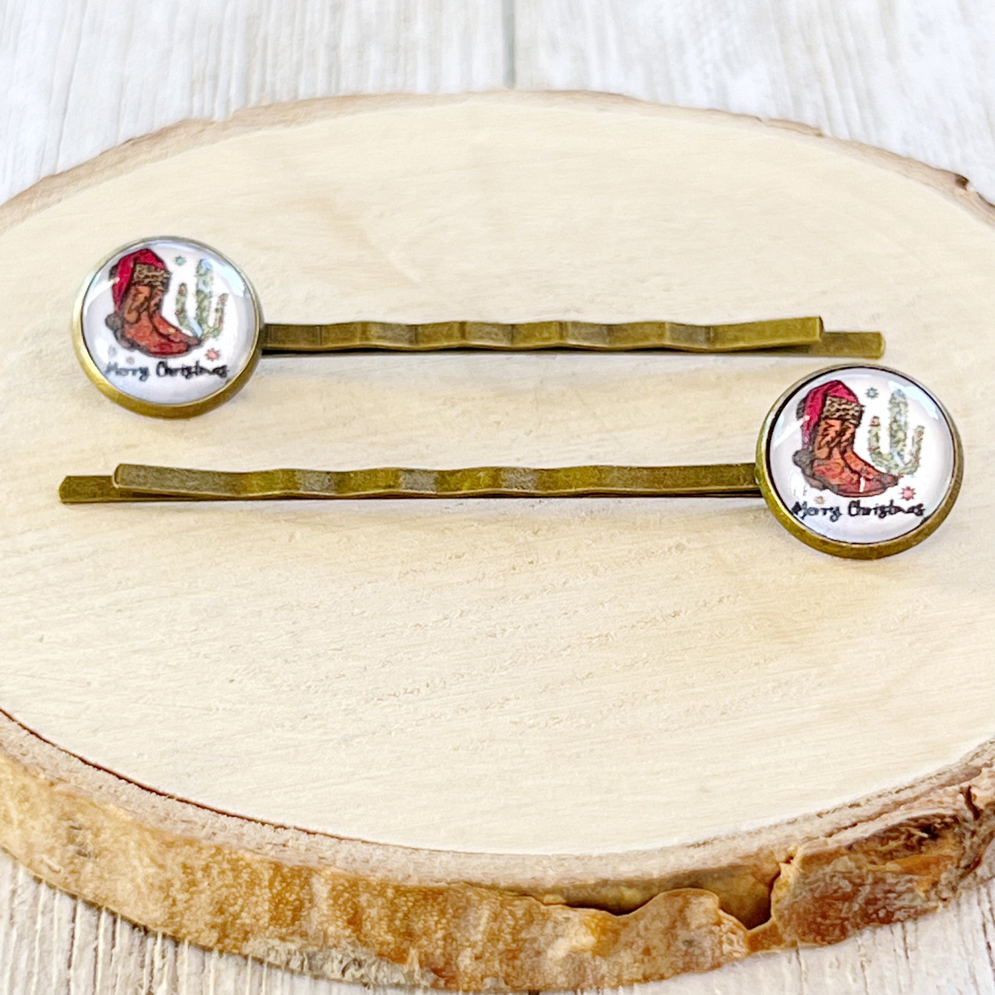 Cowboy Boots & Cactus Christmas Hair Pins - Festive Western-Inspired Accessories