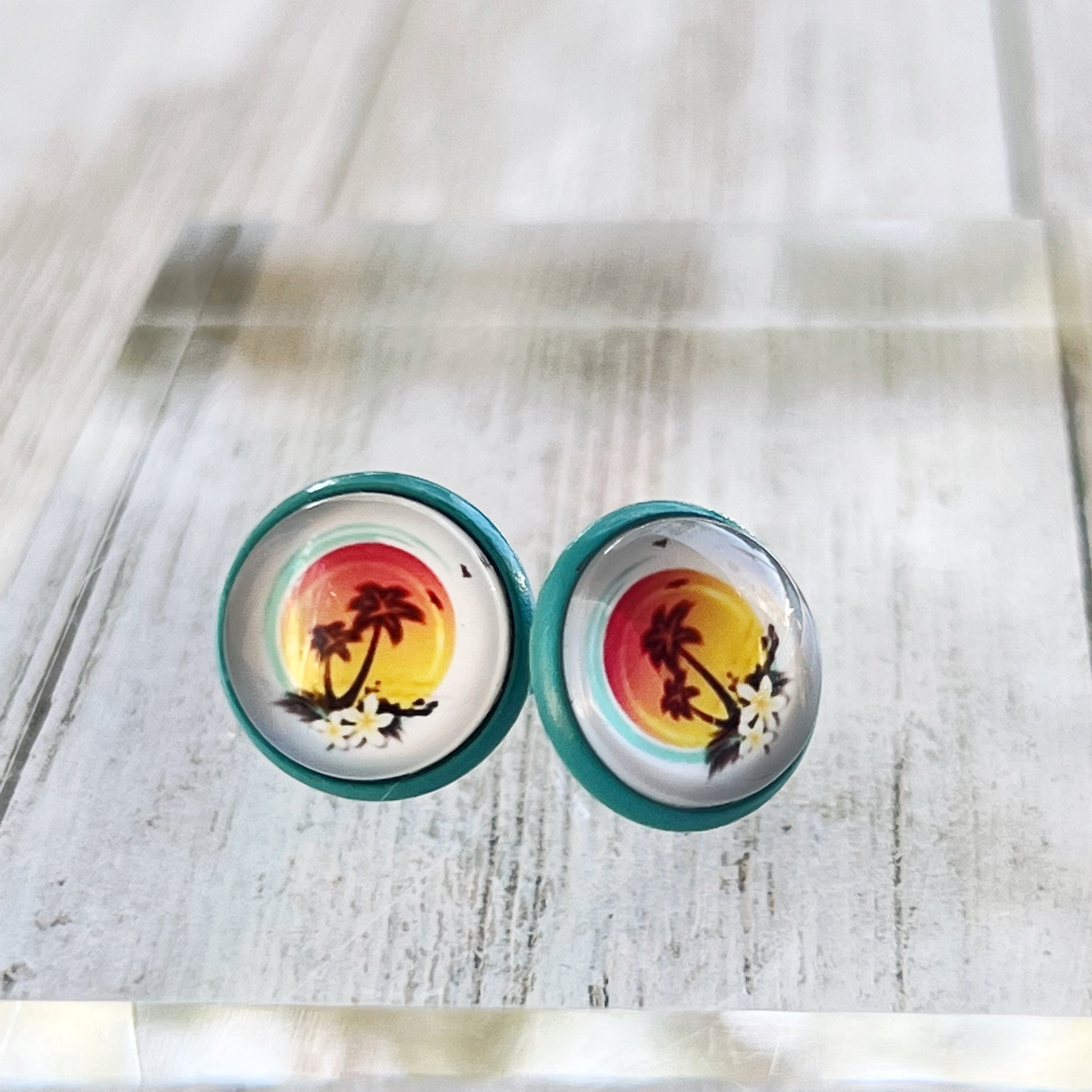 Sunset & Palm Tree Blue Stud Earrings - Tropical & Serene Accessories