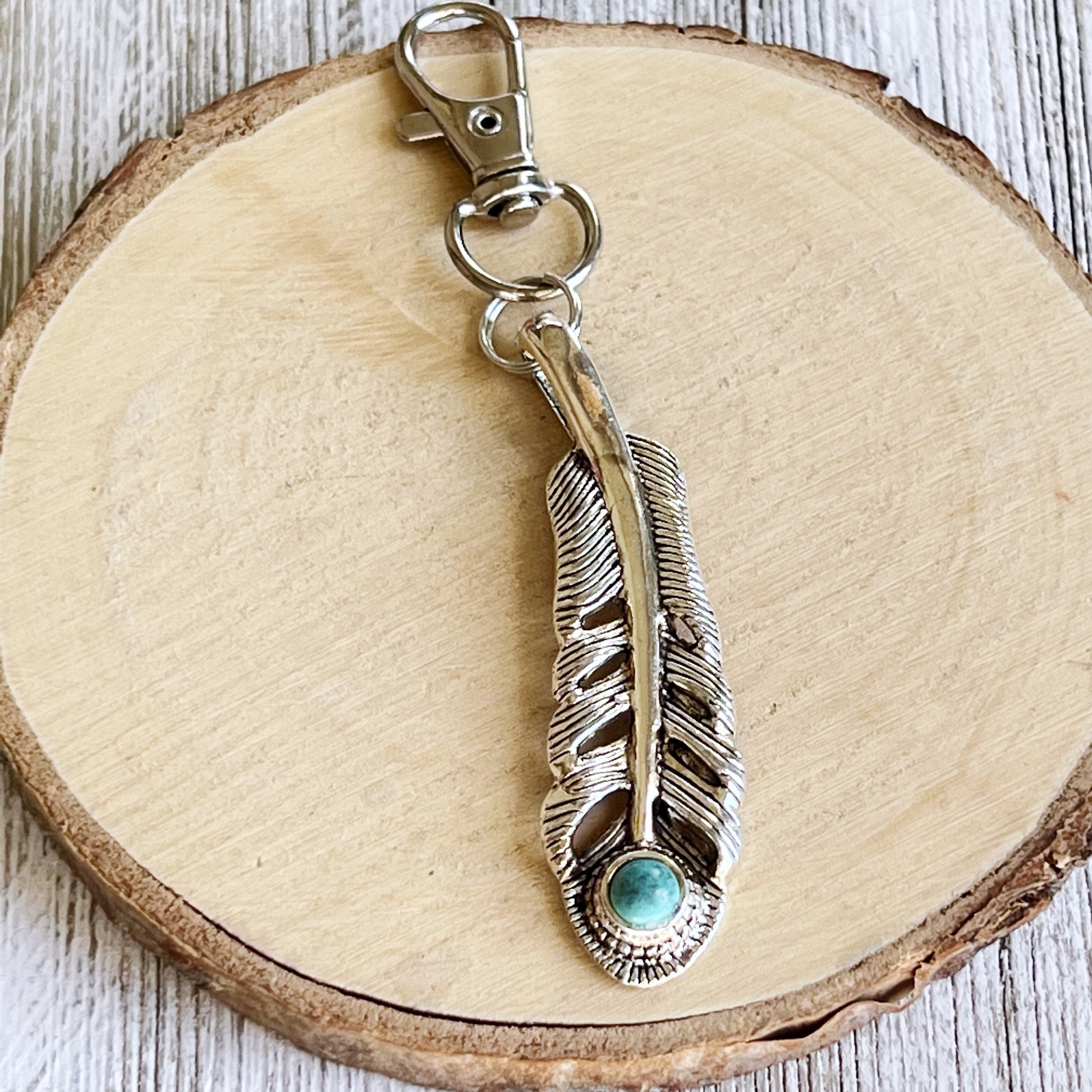 Feather Purse Charm – Silver Boho Keychain with Turquoise Stone Accent
