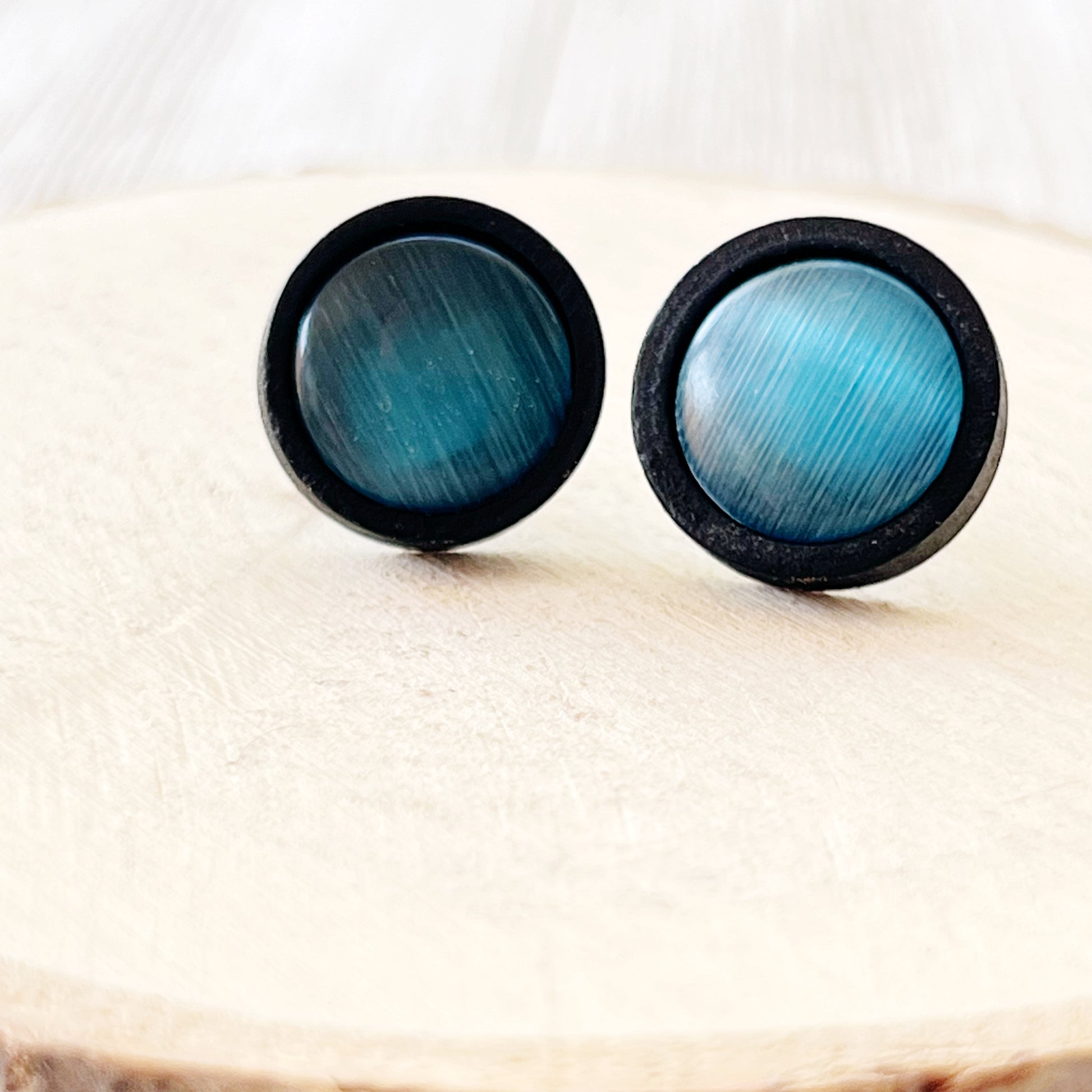 Blue Glass Black Wood Unisex Stud Earrings - Stylish & Versatile Accessories