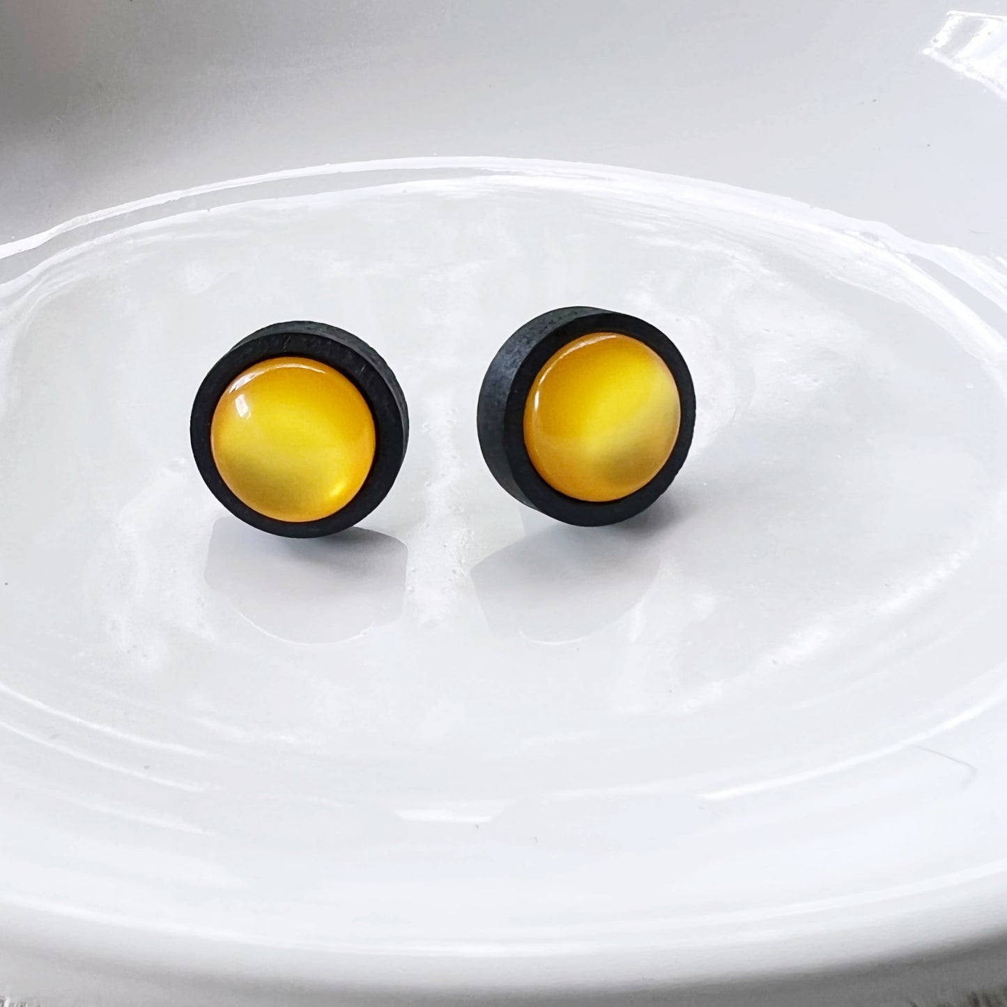 Yellow Resin Black Wood Unisex Stud Earrings - Stylish & Versatile Accessories