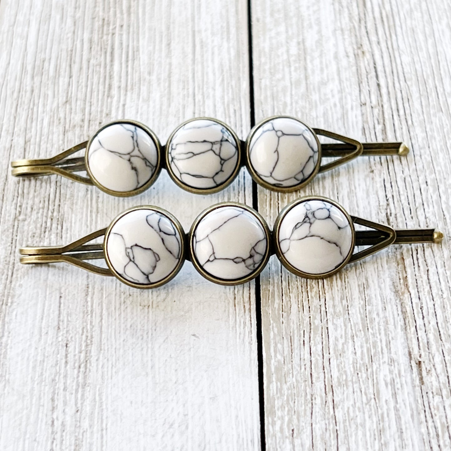 White Marble Hair Pins – Minimal Boho Stone Hair Clips in Bronze Tone