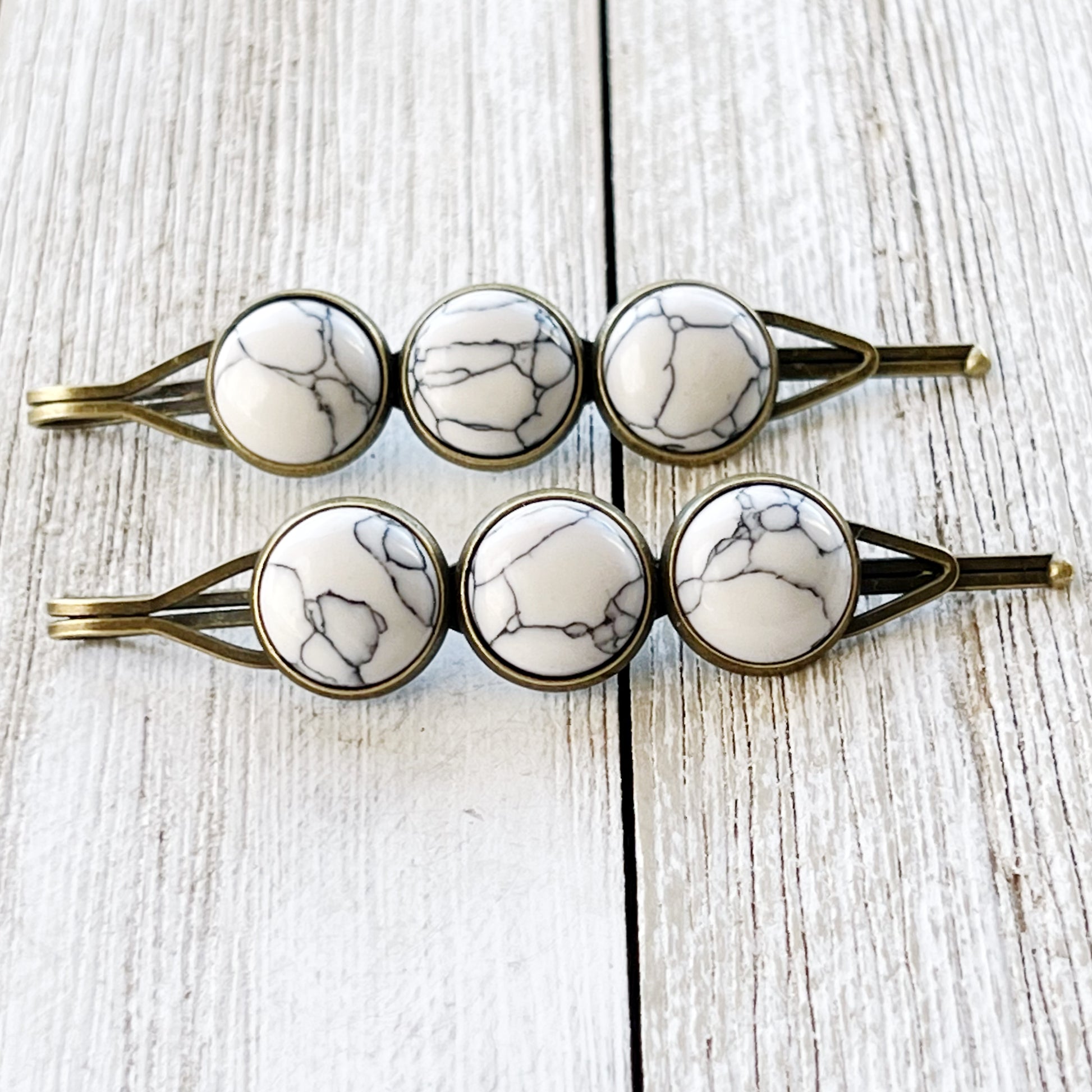 White Marble Hair Pins – Minimal Boho Stone Hair Clips in Bronze Tone