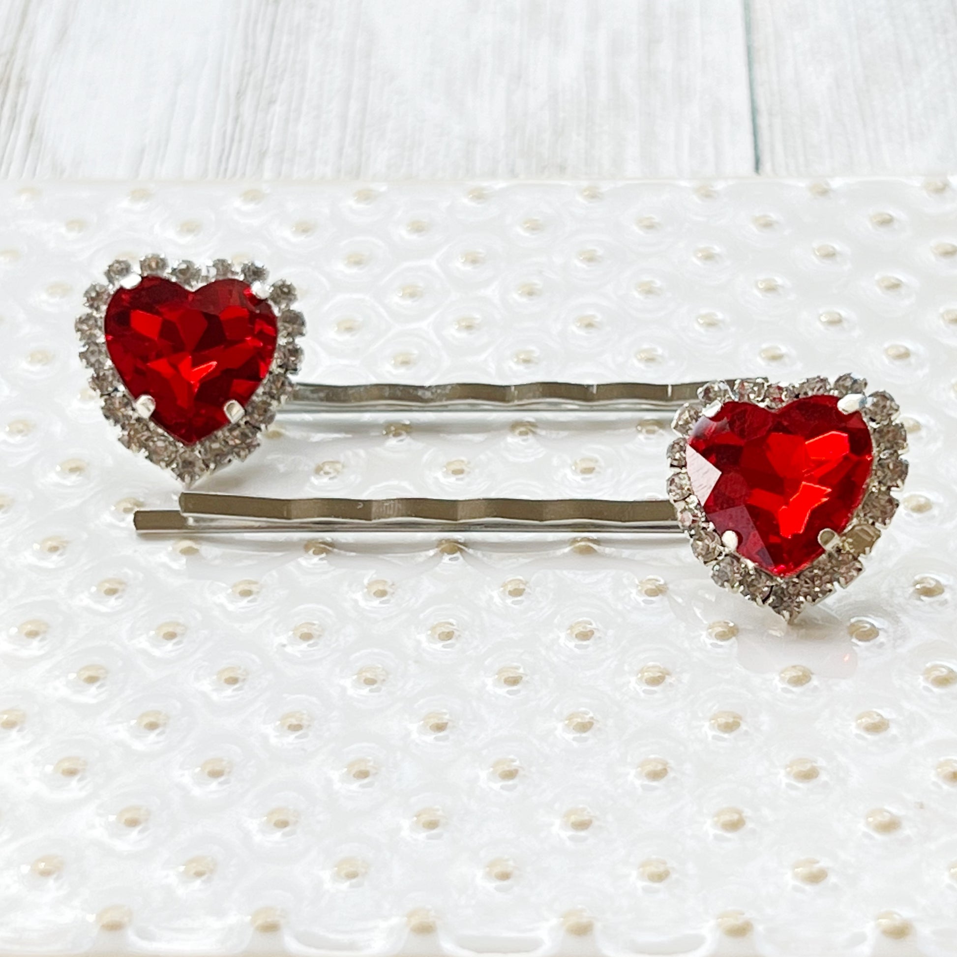 Red Rhinestone Heart Hair Pins