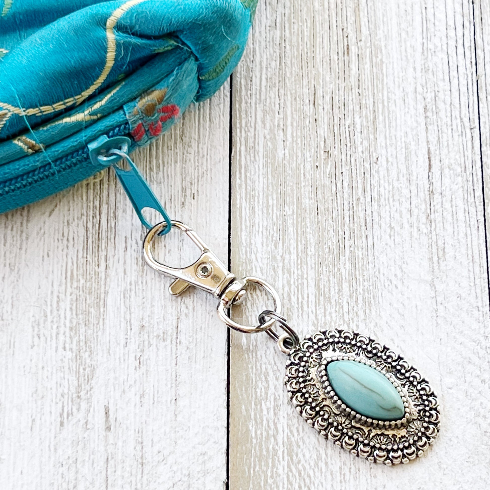 Turquoise Oval Purse Charm – Silver Western Keychain with Filigree Frame
