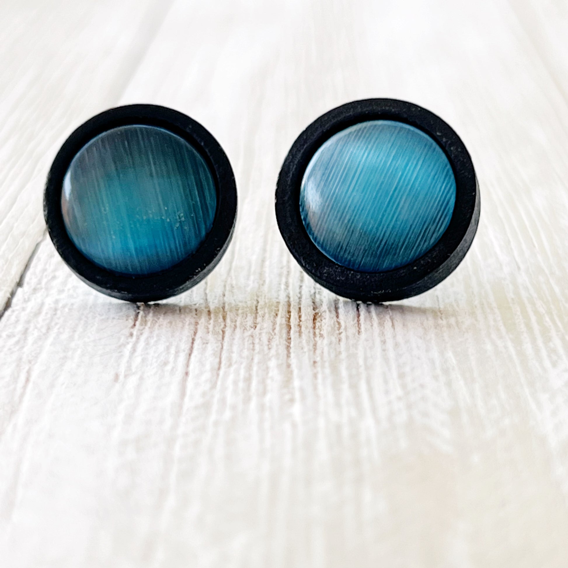 Blue Glass Black Wood Unisex Stud Earrings - Stylish & Versatile Accessories